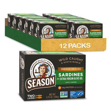 Season Brisling Sardines In Extra Virgin Olive Oil - Wild Caught, 14G Of Protein, Keto Snacks, More Omega 3S Than Tuna, Kosher, High In Calcium, Canned Sardines, Two Layers - 3.37 Oz Tins, 12-Pack