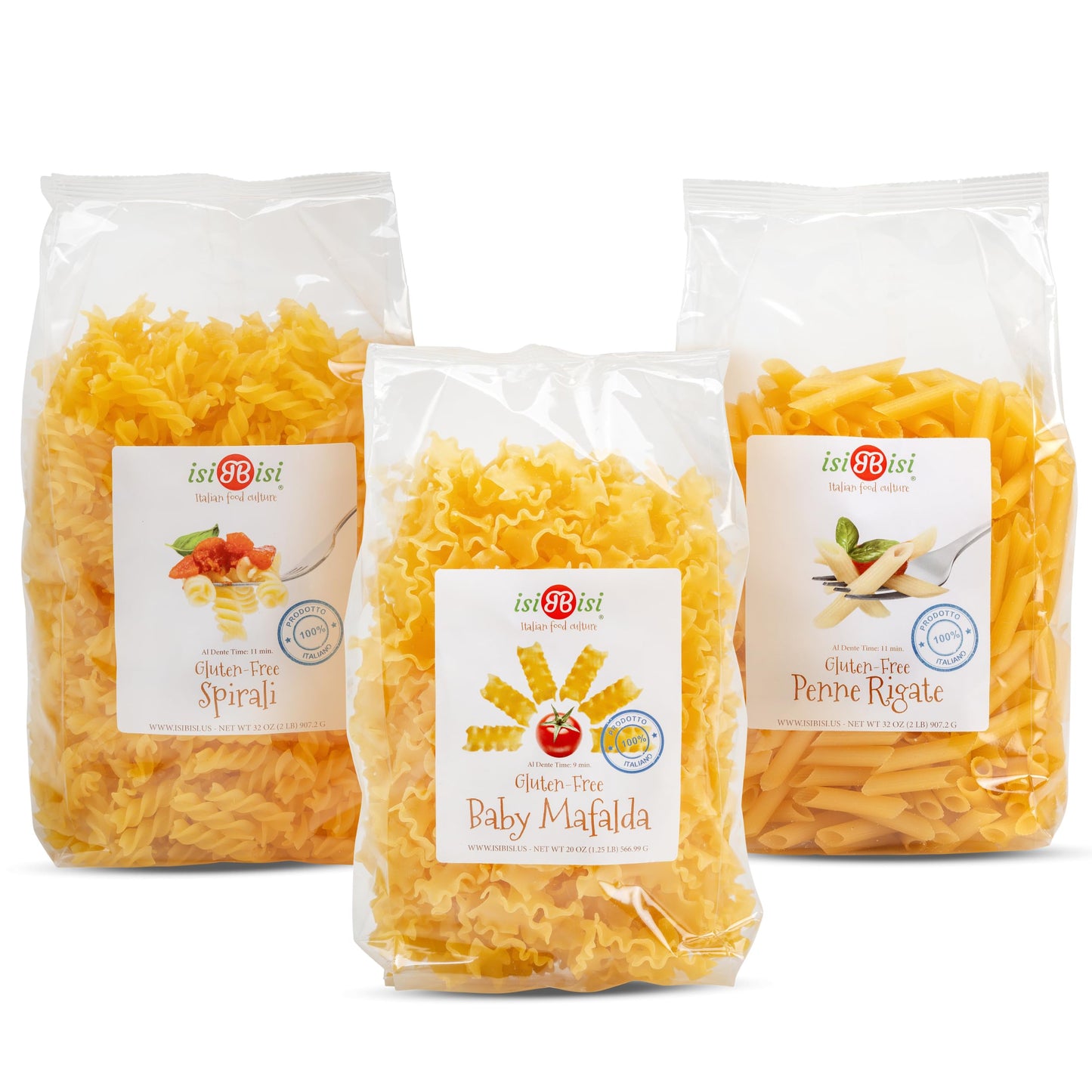 isiBisi Pasta Sampler - Penne, Baby Mafalda Pasta, Spirali Noodles - Italian Pasta in Bulk Made With Corn, Rice Flour - Non GMO 
