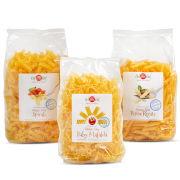 isiBisi Pasta Sampler - Penne, Baby Mafalda Pasta, Spirali Noodles - Italian Pasta in Bulk Made With Corn, Rice Flour - Non GMO 