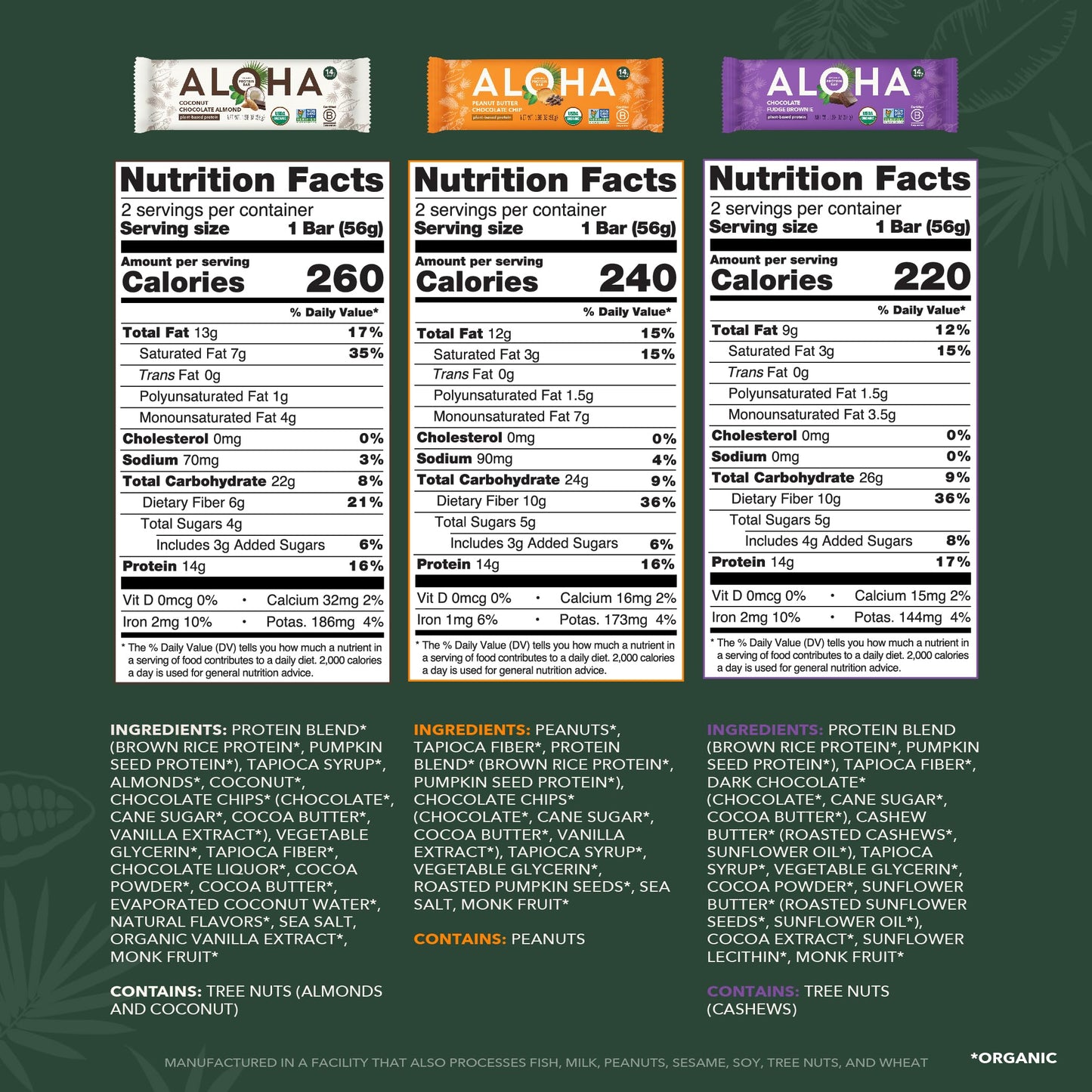 ALOHA Organic Plant Based Protein Bars - Vegan, Gluten-Free, Low Sugar, 12 Count, 1.9oz, Variety Pack, Green