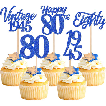 Zhuoweism 30Pcs Happy 80Th Birthday Cupcake Toppers Cheers To 80 Vintage 1945 Eighty Cupcake Picks Blue
