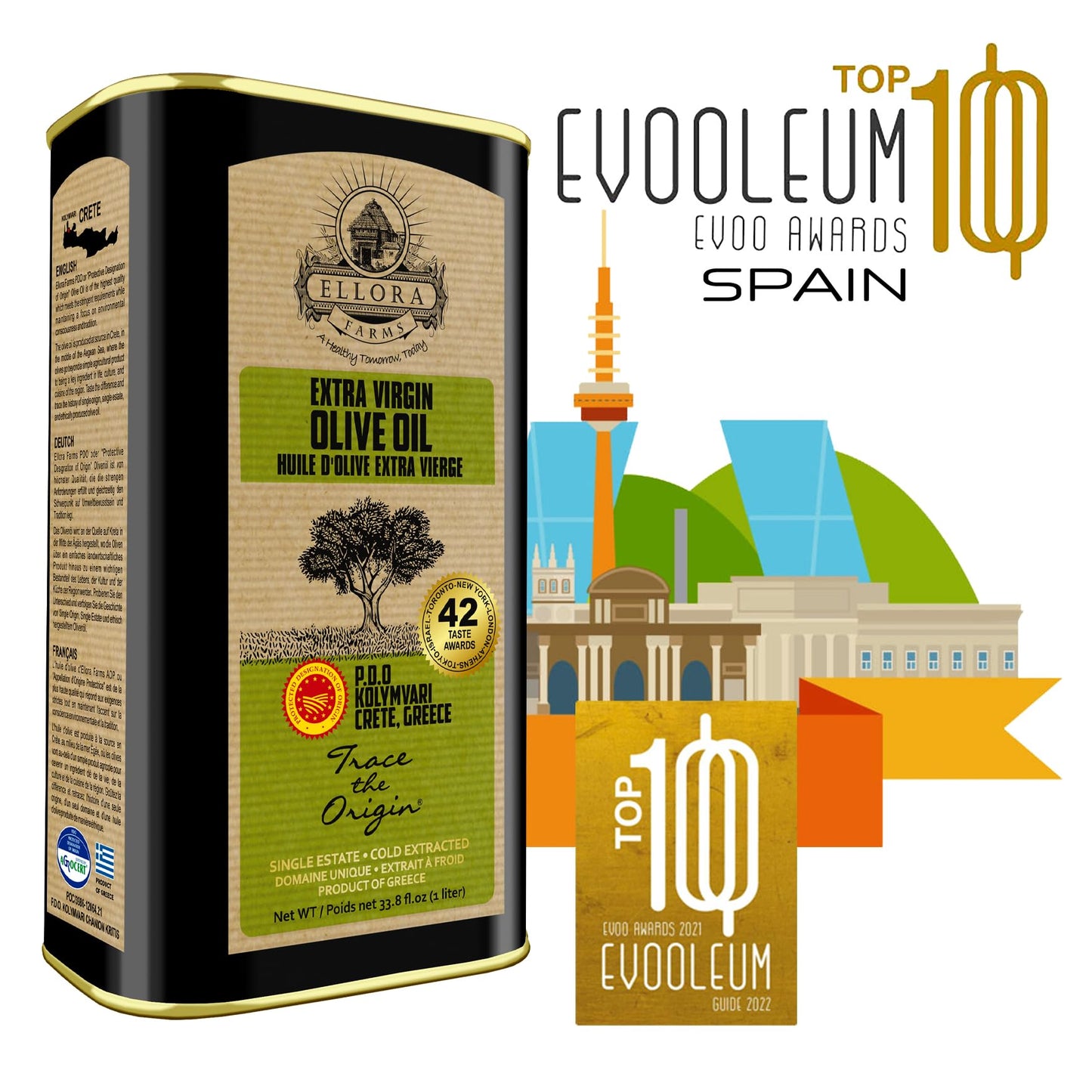 Ellora Farms, Greek Extra Virgin Olive Oil, Gold Award Winner, Single Estate Traceable Olive Oil, 33.8 Oz. Tin And 8.45 Oz. Glas