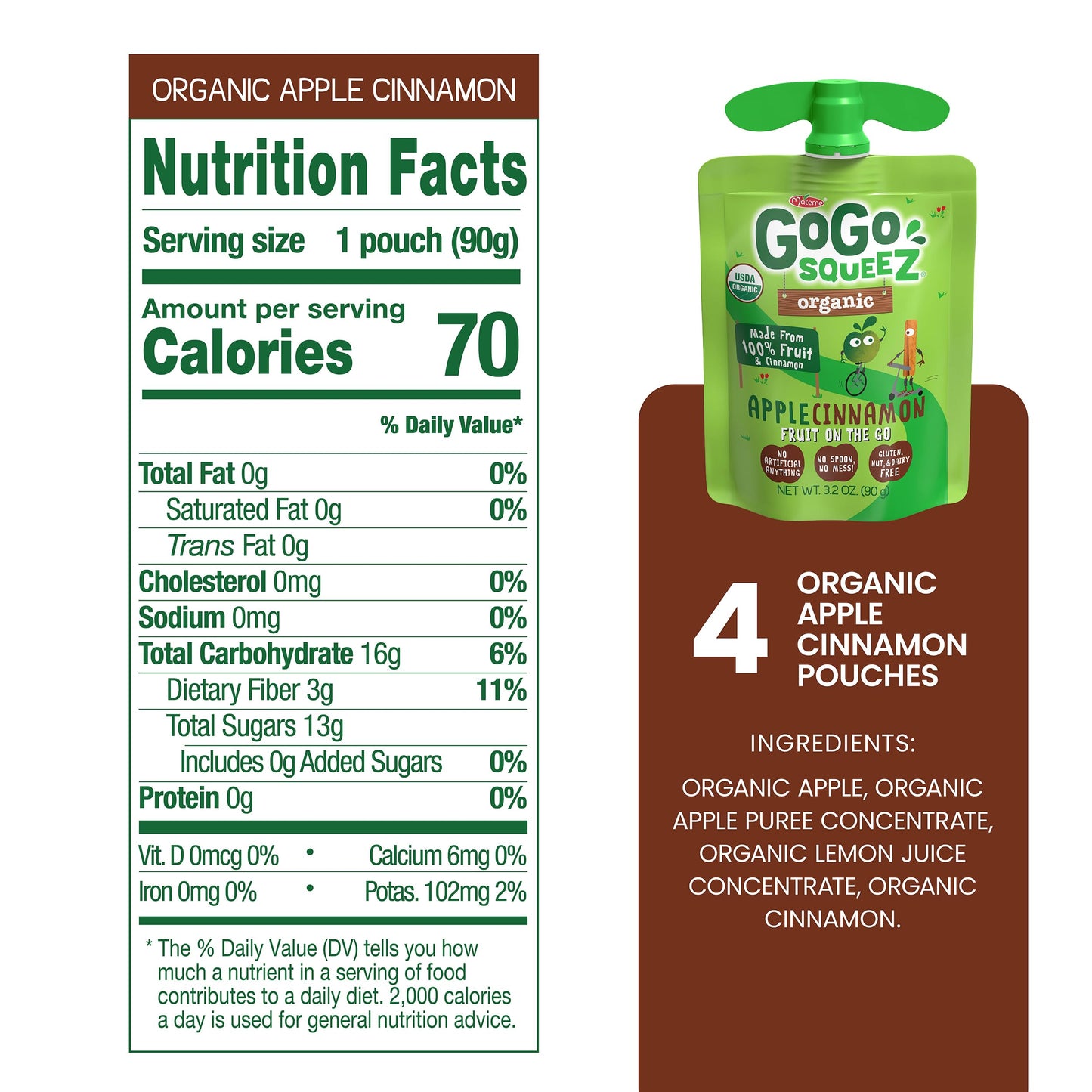 GoGo squeeZ Organic Applesauce and Fruit Puree  Apple Cinnamon  3.2 oz (Pack of 4)  Unsweetened Organic Fruit Snacks for Kids  Gluten Free  Nut Free and Dairy Free  Recloseable Cap  BPA Free Pouches