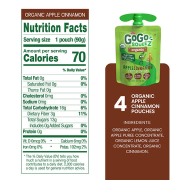 GoGo squeeZ Organic Applesauce and Fruit Puree  Apple Cinnamon  3.2 oz (Pack of 4)  Unsweetened Organic Fruit Snacks for Kids  Gluten Free  Nut Free and Dairy Free  Recloseable Cap  BPA Free Pouches