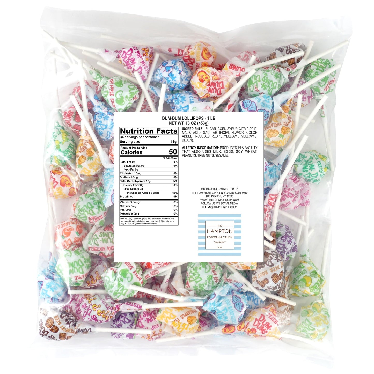 The Hampton Popcorn Company DUM DUMS Lollipops, Assorted Flavors, 1 lb Bag, Gluten Free, Individually Wrapped, 60 Pieces Approx.