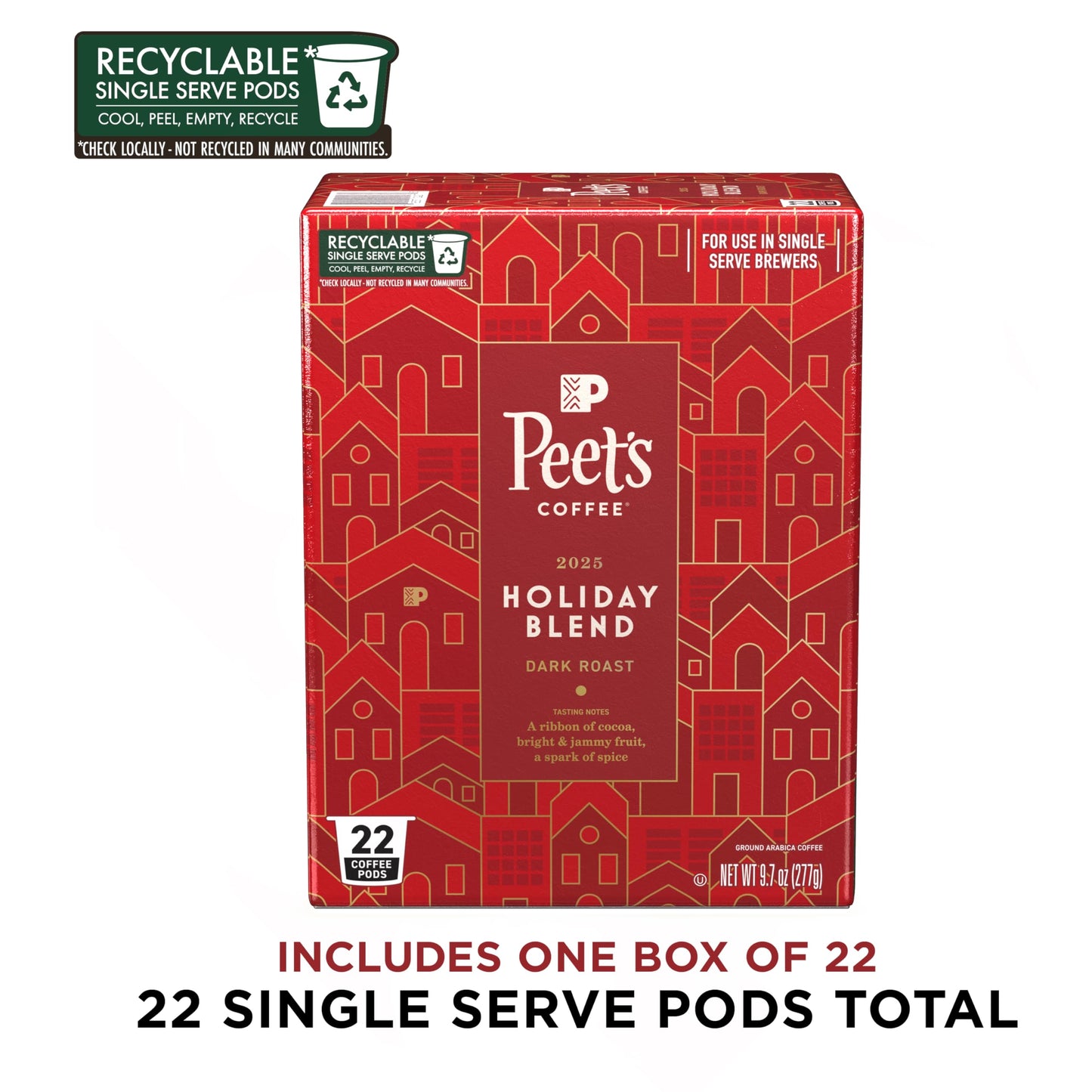 Peets Coffee Dark Roast Single Serve Coffee Pods - Holiday Blend, 22 Count