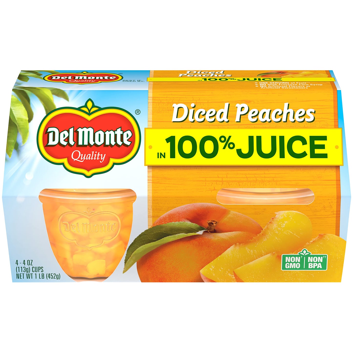 Del Monte Diced Peaches in 100% Juice, 4oz (4 Cups) Fruit Cup Snacks
