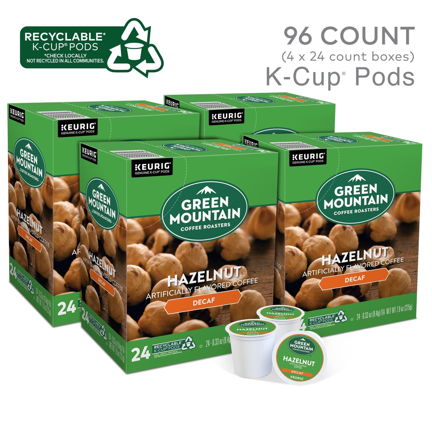 Green Mountain Coffee Roasters Hazelnut Decaf Coffee K-Cup Pods, Light Roast, 96 Count