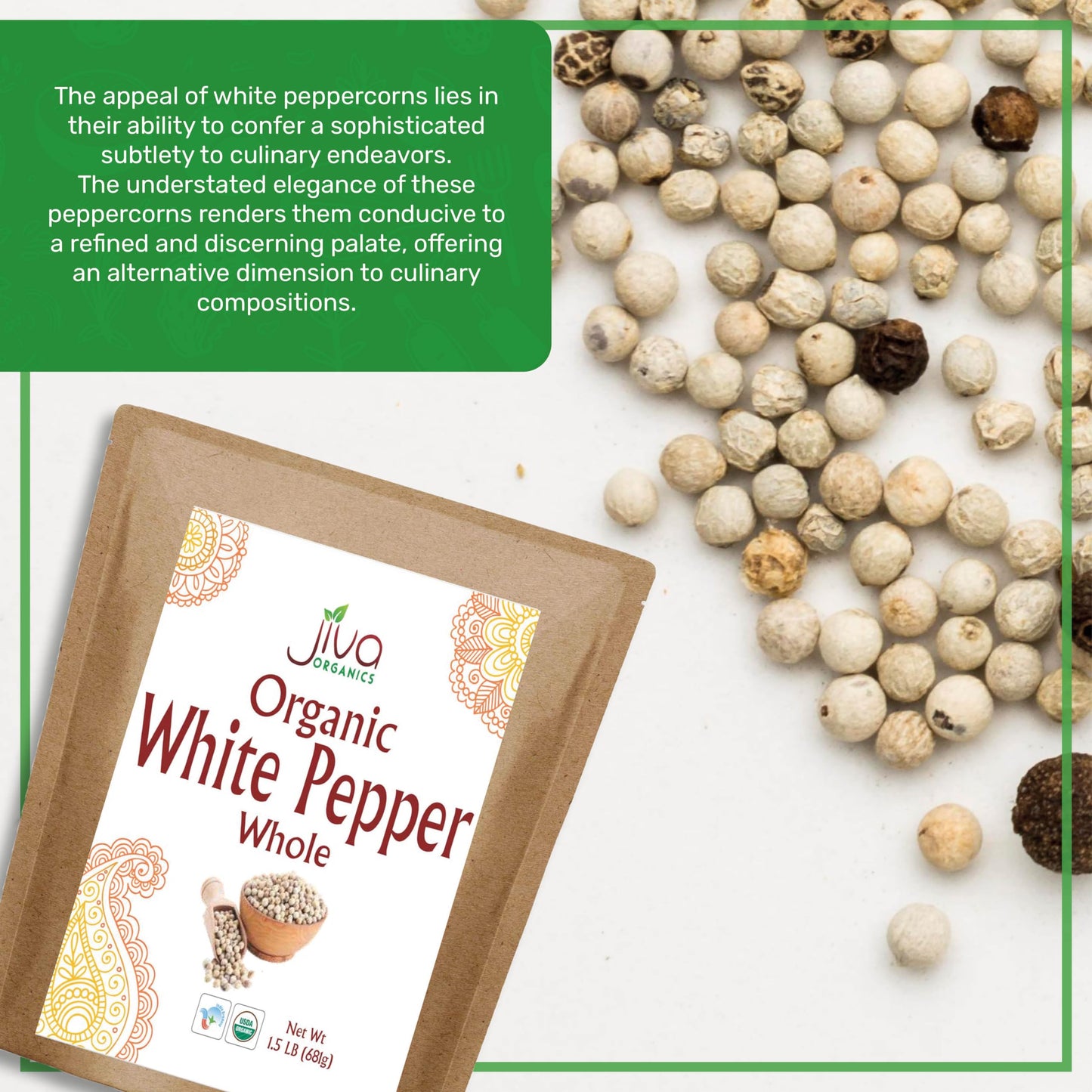 Organic White Peppercorns Whole 1.25 Pound Bulk Bag - Non-Gmo, Pure Whole Peppercorns For Grinder Refill By Jiva Organics