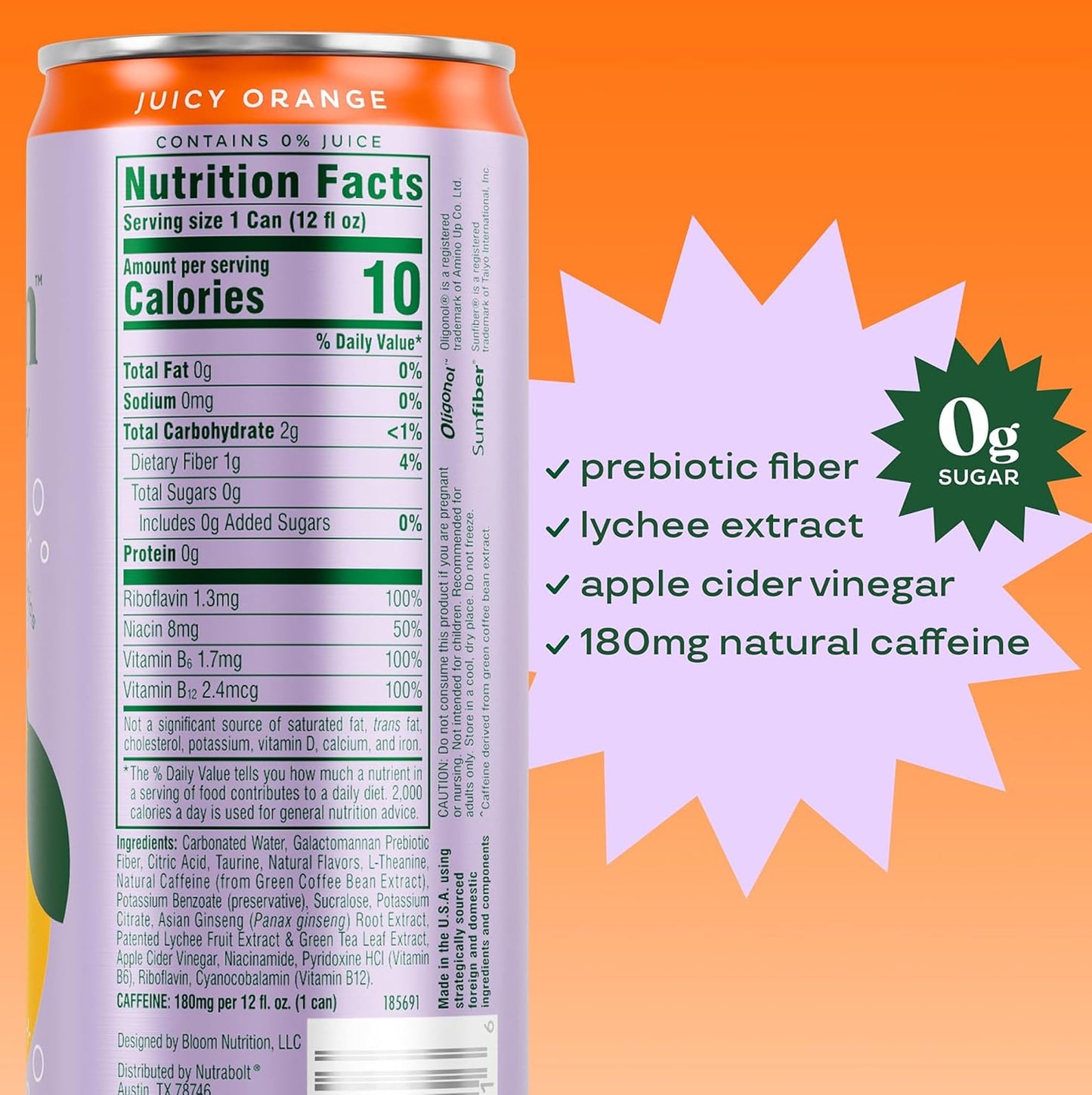 Bloom Nutrition Sparkling Energy Drink - Natural Caffeine  Zero Sugar  180mg Caffeine - Antioxidant-Rich with Green Coffee Bean  Green Tea Extract  Prebiotics - Orange - 12oz 12 Pack