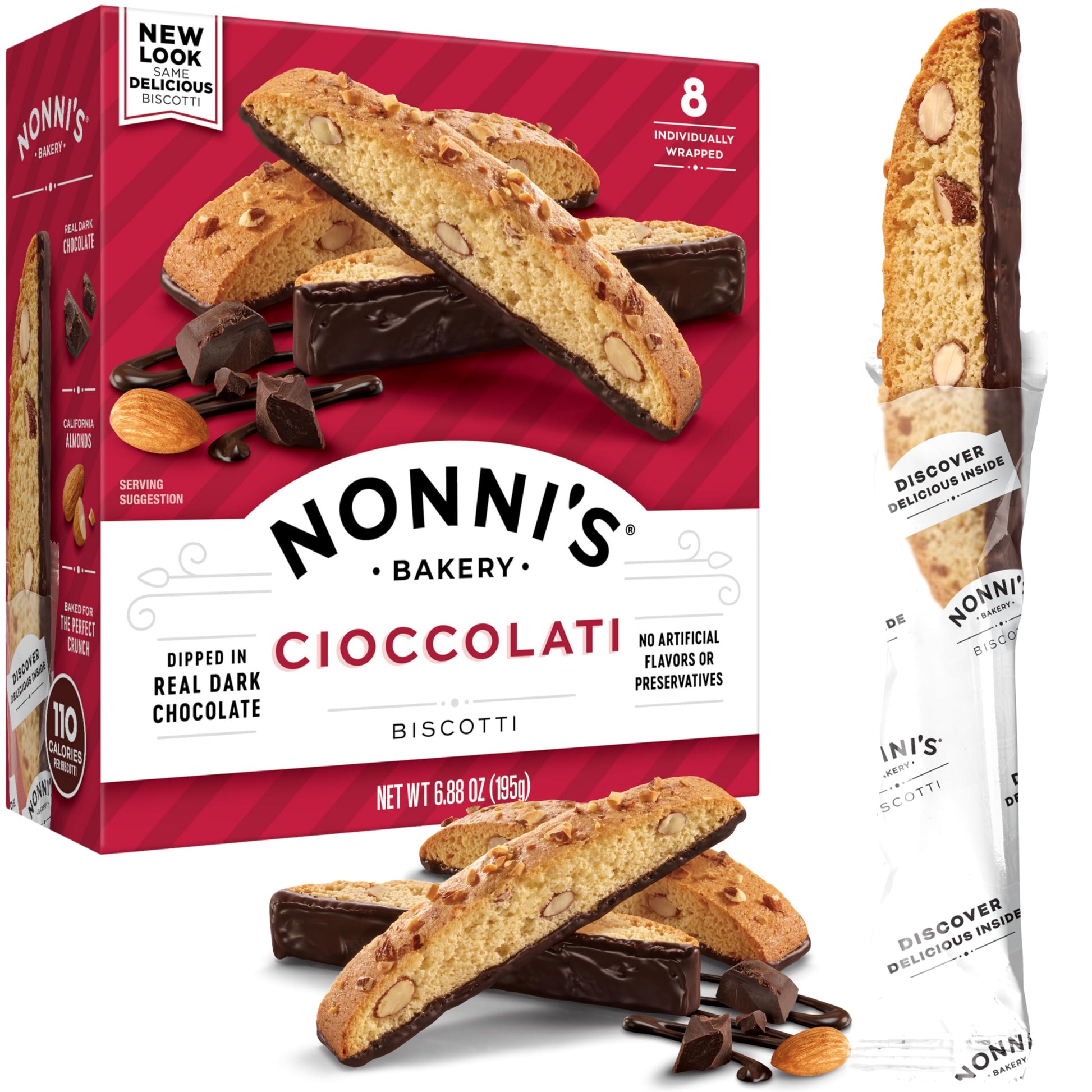 Nonni's Cioccolati Biscotti Italian Cookies - Biscotti Individually Wrapped - Italian Biscotti Cookies Made w/ Premium Californi