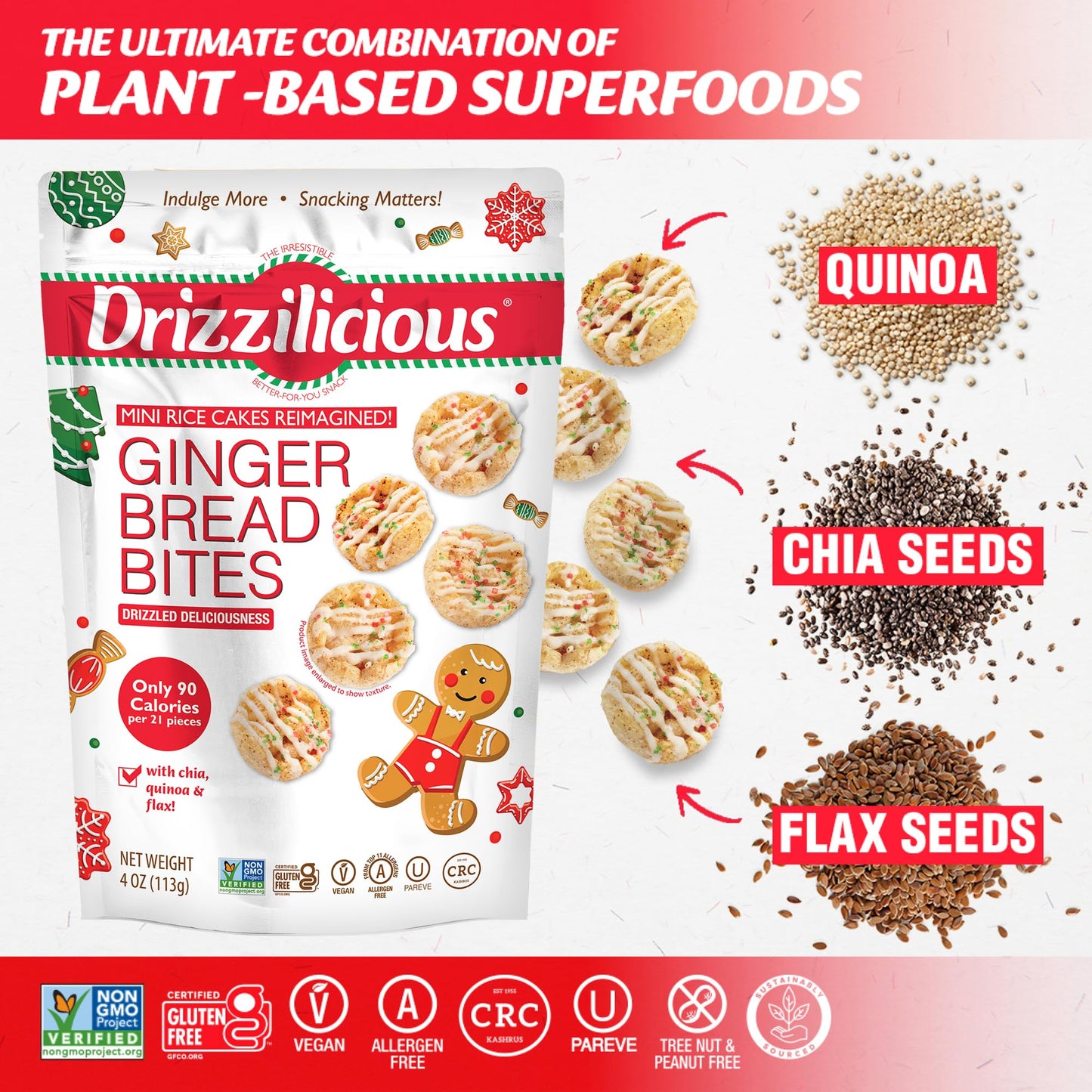 Drizzilicious Mini Rice Cakes - Rice Crisps, Healthy Snack For Mature-Themeds And Kids, Flavored Rice Cakes, Vegan, Gluten Free, Only 90 Calories Per Serving - Gingerbread, 4 Oz (Pack Of 2)