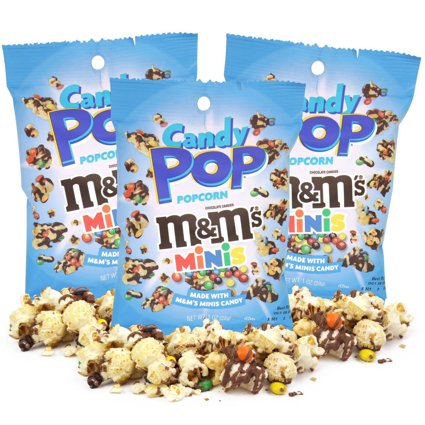 Mini M&Ms Candy Pop Popcorn, Sweet and Savory Treat with Candy Pieces, Movie Night Snack, 1 Ounces Each (Pack of 3)