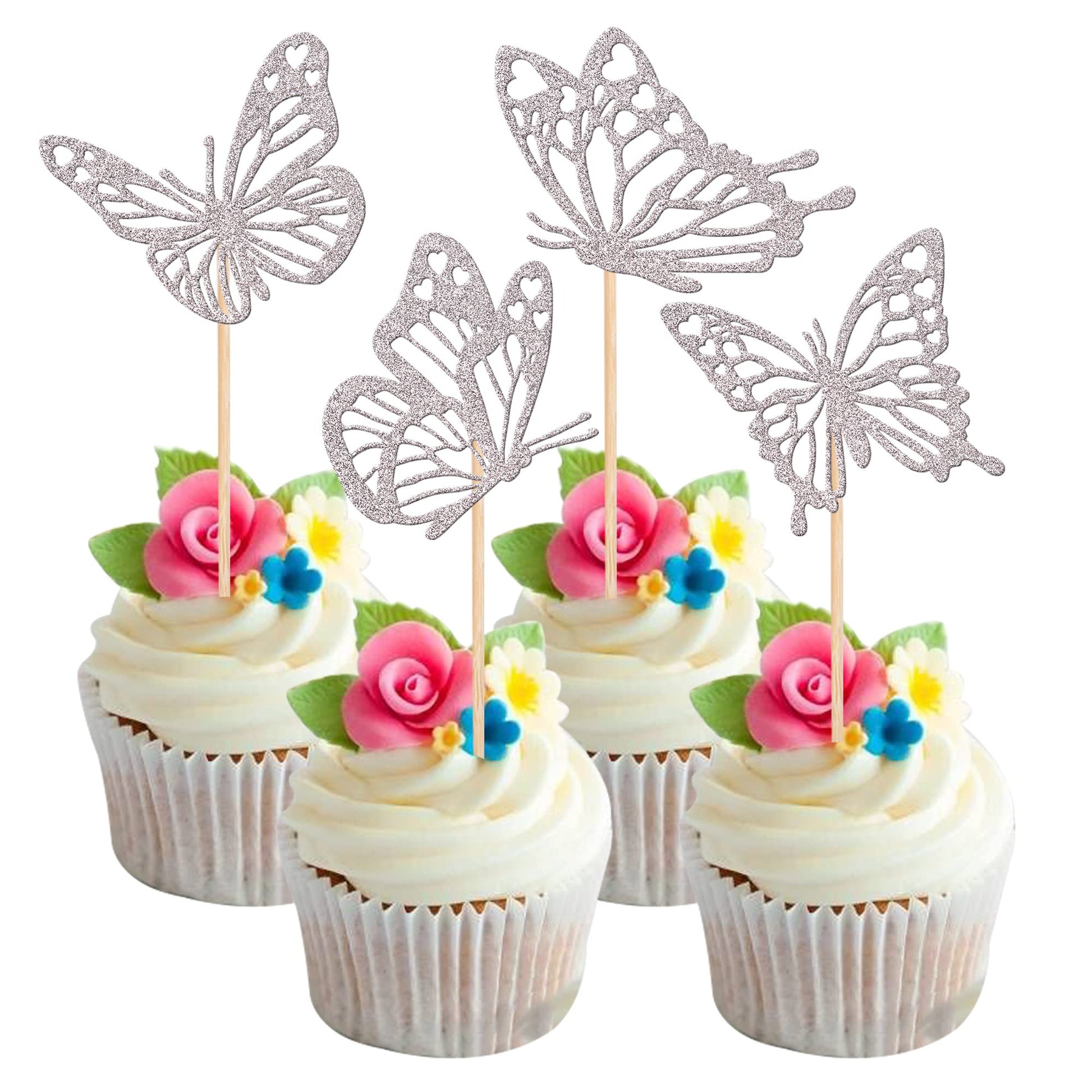 Rsstarxi Butterfly Cupcake Toppers, 24 Pack, Glitter, Silver, Paper, Model XM248-silver, Baby Shower & Kids Birthday Party Decorations
