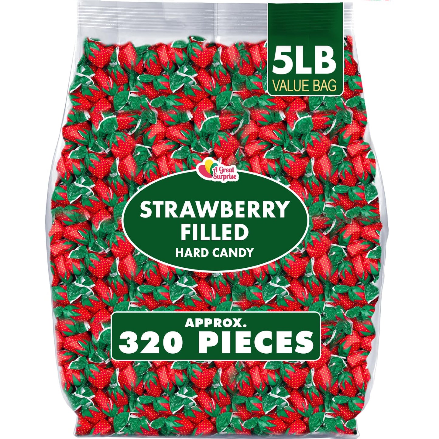 Strawberry Hard Candy - 5 Pounds - Strawberry Bon Bons - Strawberry Filled Hard Candies - Red and Green Candy - Classic Hard Can