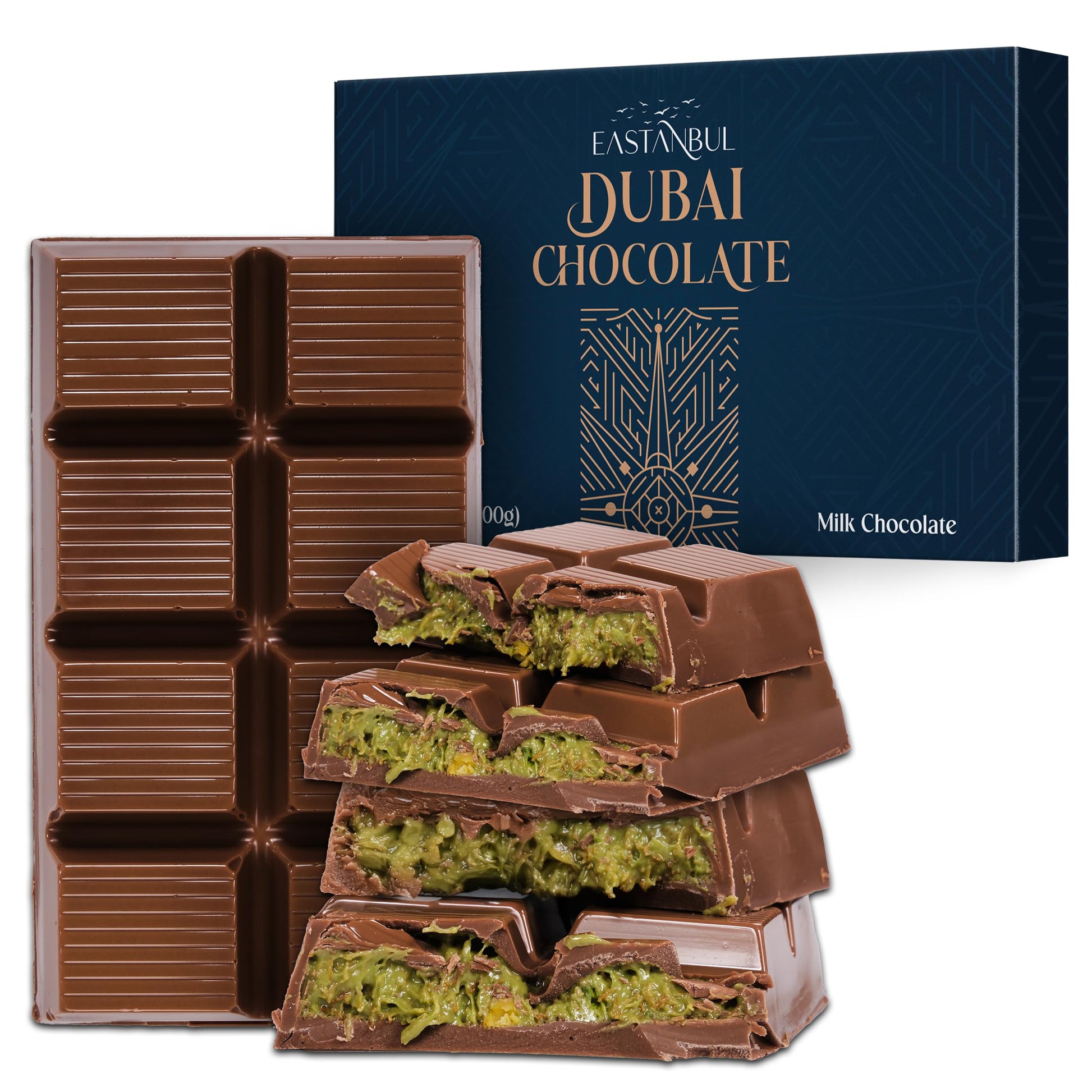 Eastanbul Dubai Chocolate Bar Pistachio, 7oz, Premium Pistachio Dubai Chocolate Bar, Viral Candy with Shredded Phyllo Dough, Kna