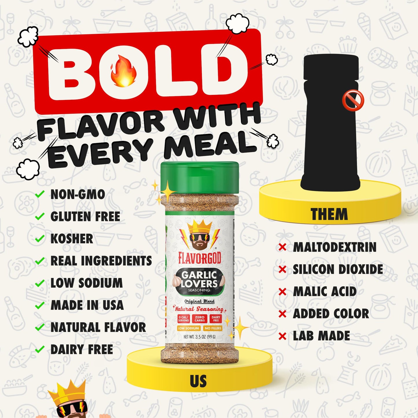 Garlic Lovers Seasoning Mix By Flavor God - Premium All Natural & Healthy Spice Blend For Grilling Chicken, Beef, Seafood, Vegetables, Salad, Tacos, Pizza, & Pasta - Kosher, Gluten-Free, Dairy-Free, Vegan, Keto Friendly
