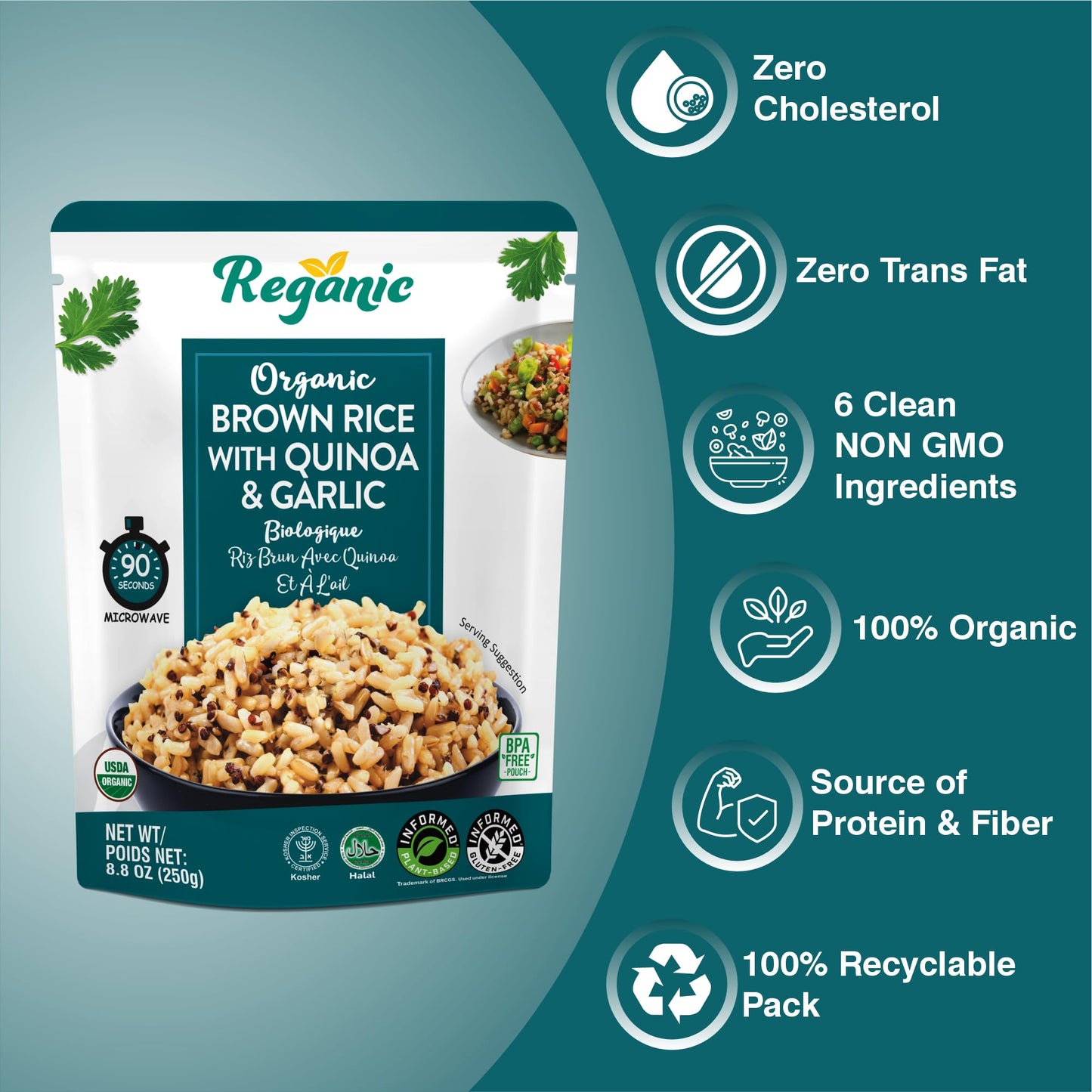 Reganic Organic Brown Rice with Quinoa & Garlic Pouch, USDA Organic, Nutty & Wholesome Blend, 100% Recyclable Pouch, 10g Protein