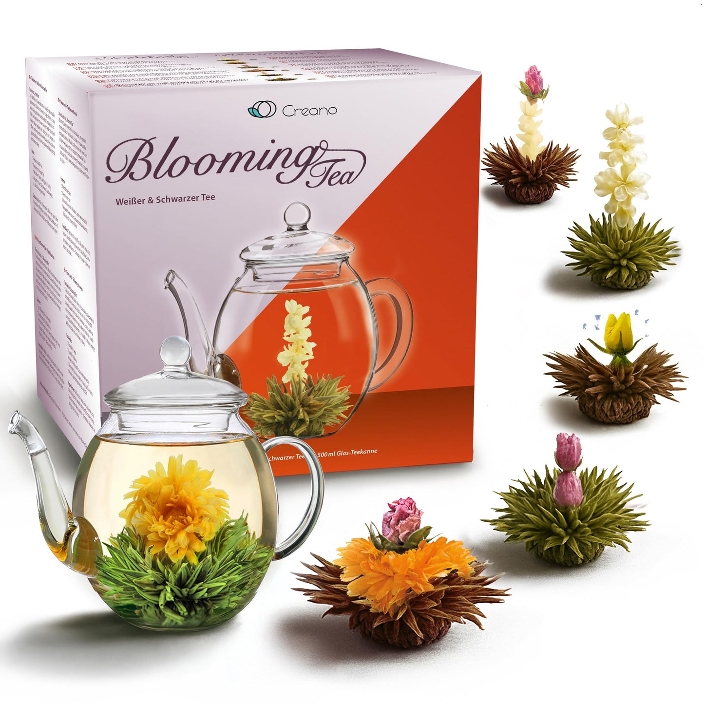 Creano Blooming Tea Gift Set With Glass Pot 17Oz/500Ml With 6 Flowering-Tea Each 3Pcs White & Black Tea