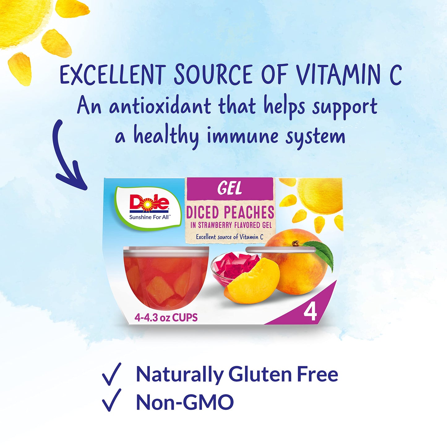 Dole Fruit Bowls Peaches in Strawberry Flavored Gel Snacks, 4.3oz 24 Total Cups, Gluten & Dairy Free, Bulk Lunch Snacks for Kids