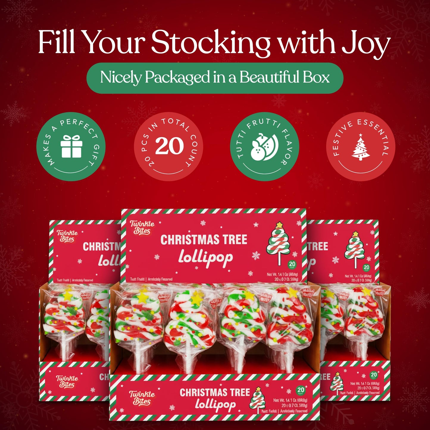 20 Pack Christmas Tree Lollipops - Individually Wrapped Large Christmas Holiday Themed Tree Suckers - Colorful Red & Green Designs & Delicious Tutti Frutti Flavor -Bulk Candy Use For Stocking Stuffers, Party Favor, Classroom & Office  , Candy Jar Fillers