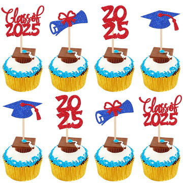 24 PCS 2025 Graduation theme Cupcake Toppers Glitter Congrats Grad Diploma 2025 Graduation Cap Cupcake Picks Class of 2025 Cake 