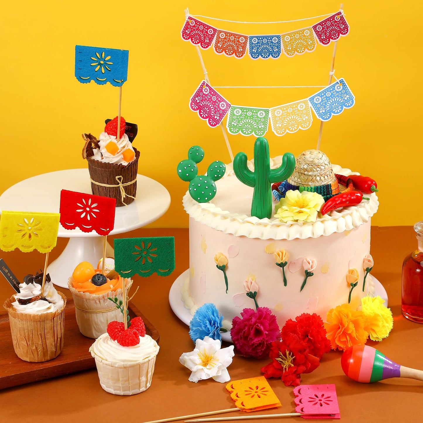 CroBlissful Mexican Fiesta Cake Topper - 39 Pcs Papel Picado Flags & Flower Decor, Red/Green/White