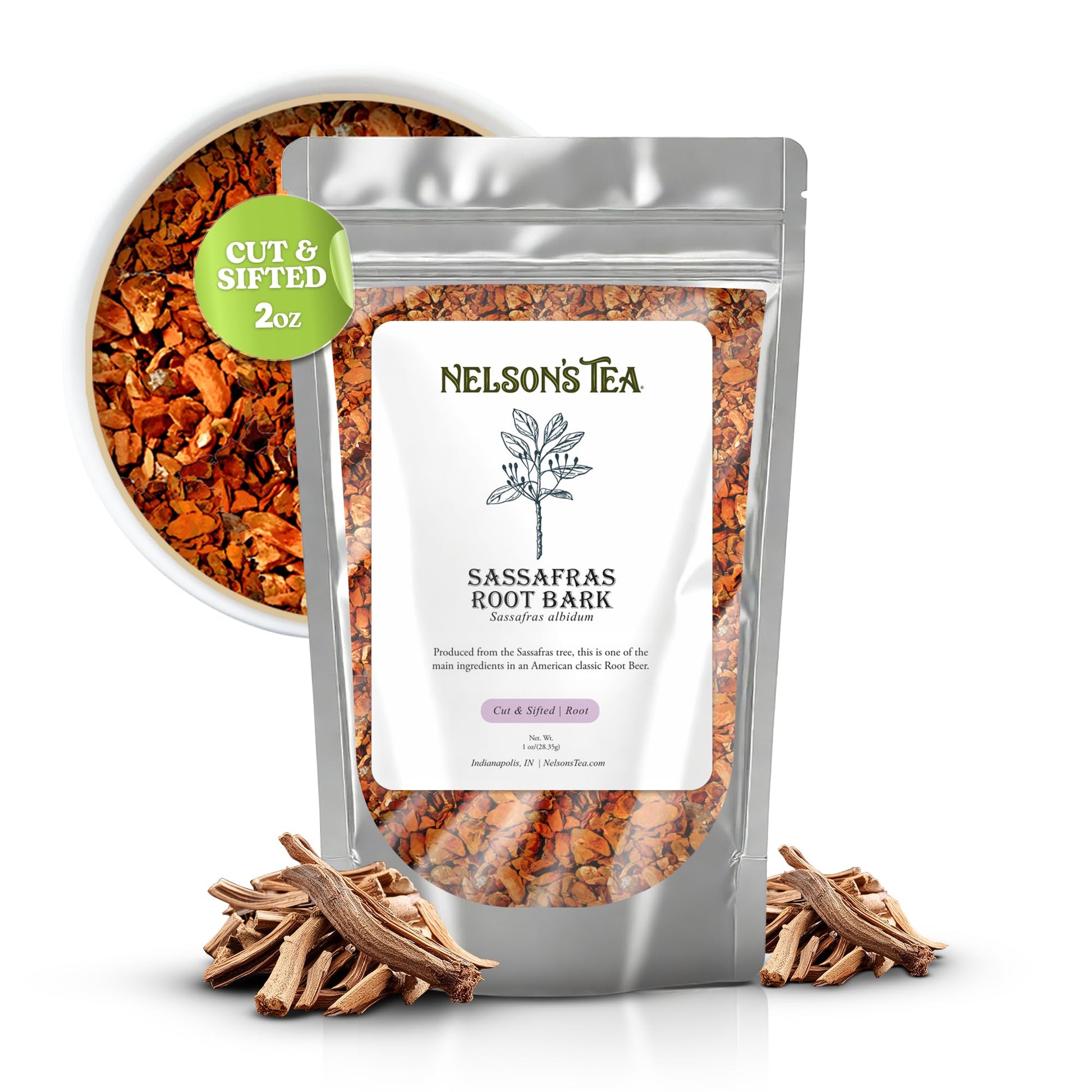 Nelsons Tea - Sassafras Root Bark Cut & Sifted - Energy Blend Free - Classic Root Malt Drink Herbal Blend Tea  Top-Grade Sassafras Albidum Aroma For Brewing  Mixing & Wellness  Freshly Packed Resealable Bag -2Oz
