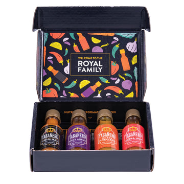 Taba?ro Mini Hot Sauce Gift Set, 4 Pack, Kit Includes Original, Extra Hot, Spicy Agave, Curry Habanero, 1.7 oz Mini Glass Bottle