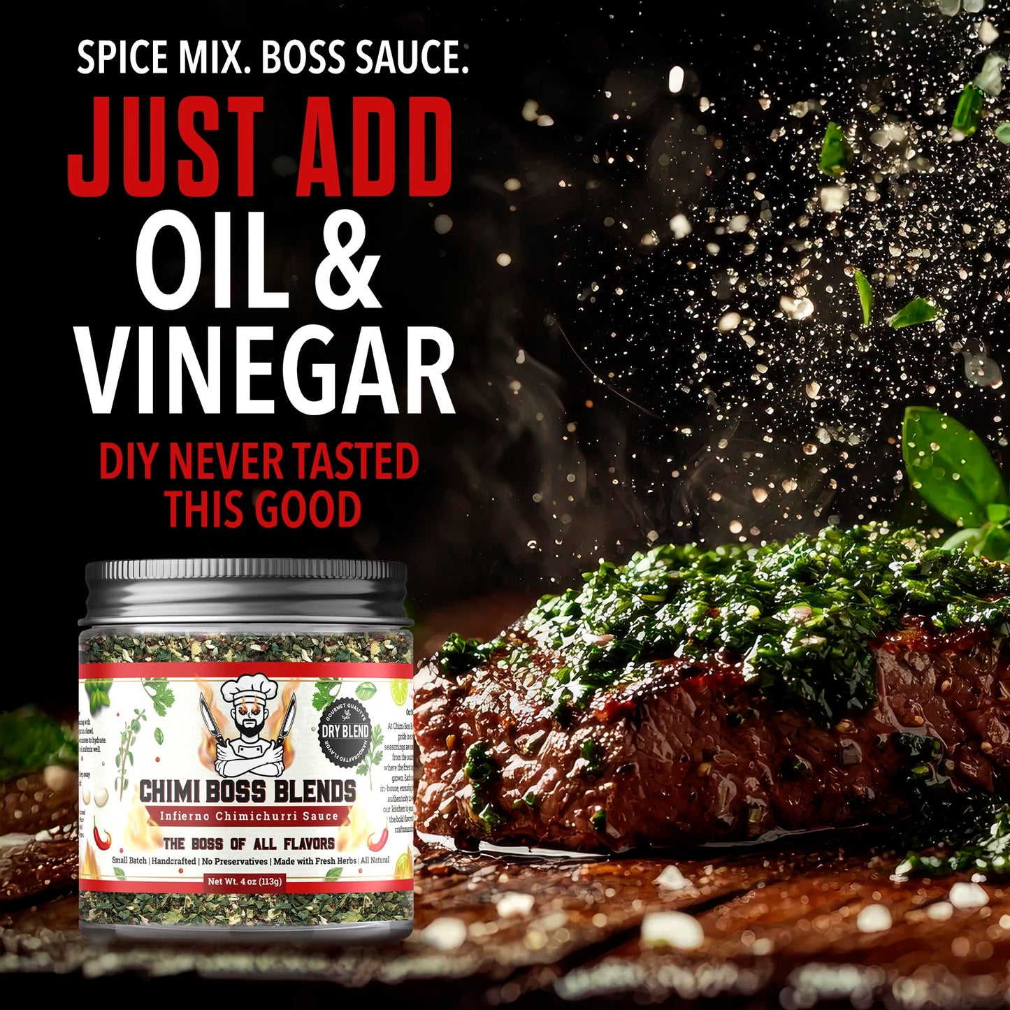 Chimi Boss Blends Infierno Chimichurri Dry Seasoning, 4 oz - Spicy Argentinian Herb & Chili Rub with Parsley, Garlic & Oregano -