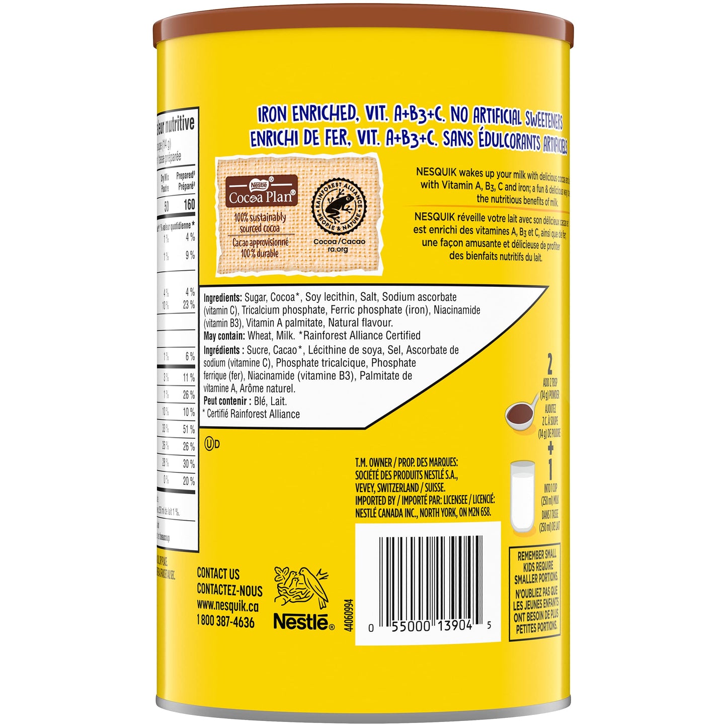 Nesquik Less Sugar Vitamin Enriched Chocolate Powder, 540g/19 oz. Canister {Imported from Canada}
