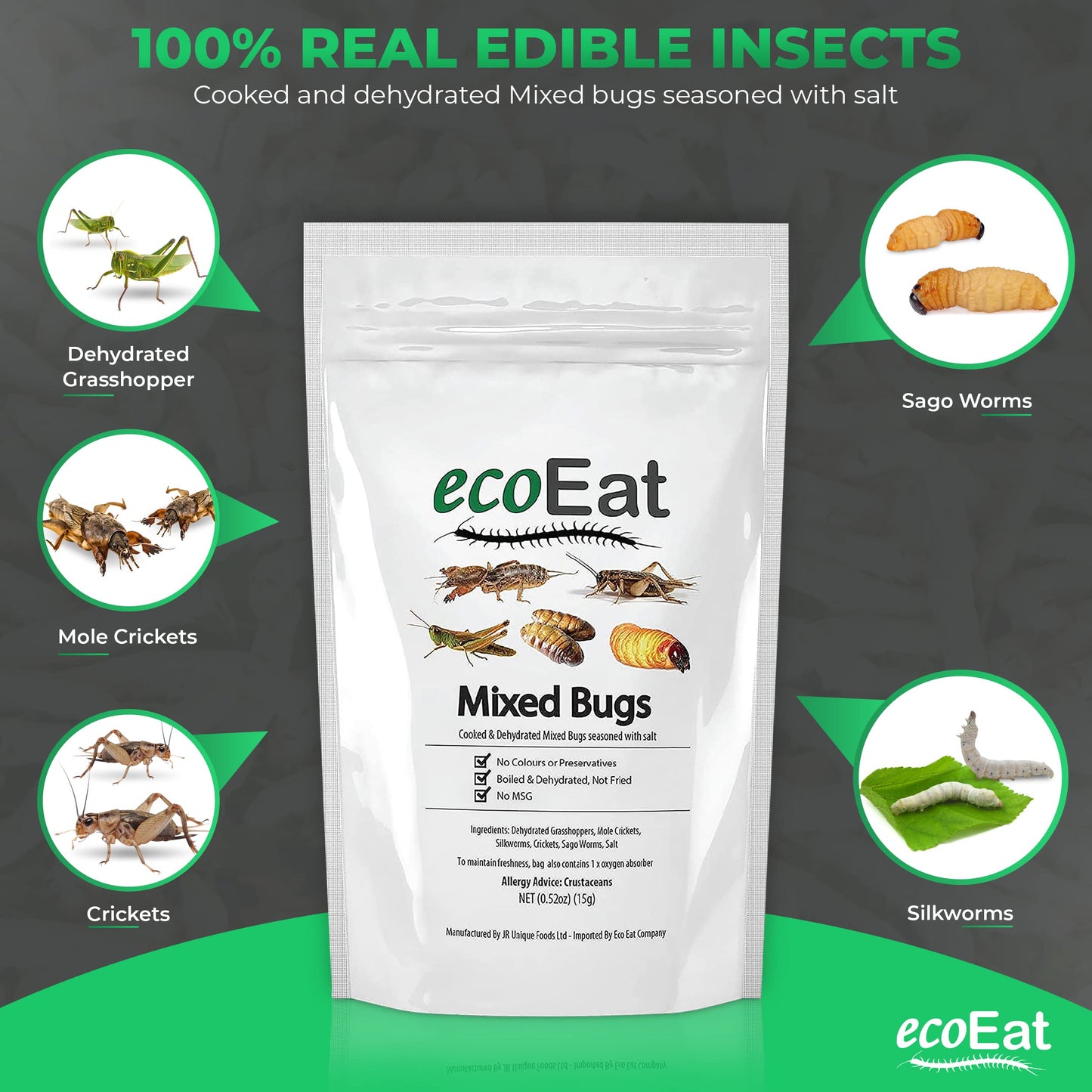 Ecoeat Mixed Edible Insects - Edible Bugs Edible Dehydrated Not Fried - Mixed Bugs (Dehydrated Grasshoppers, Mole Crickets, Silk