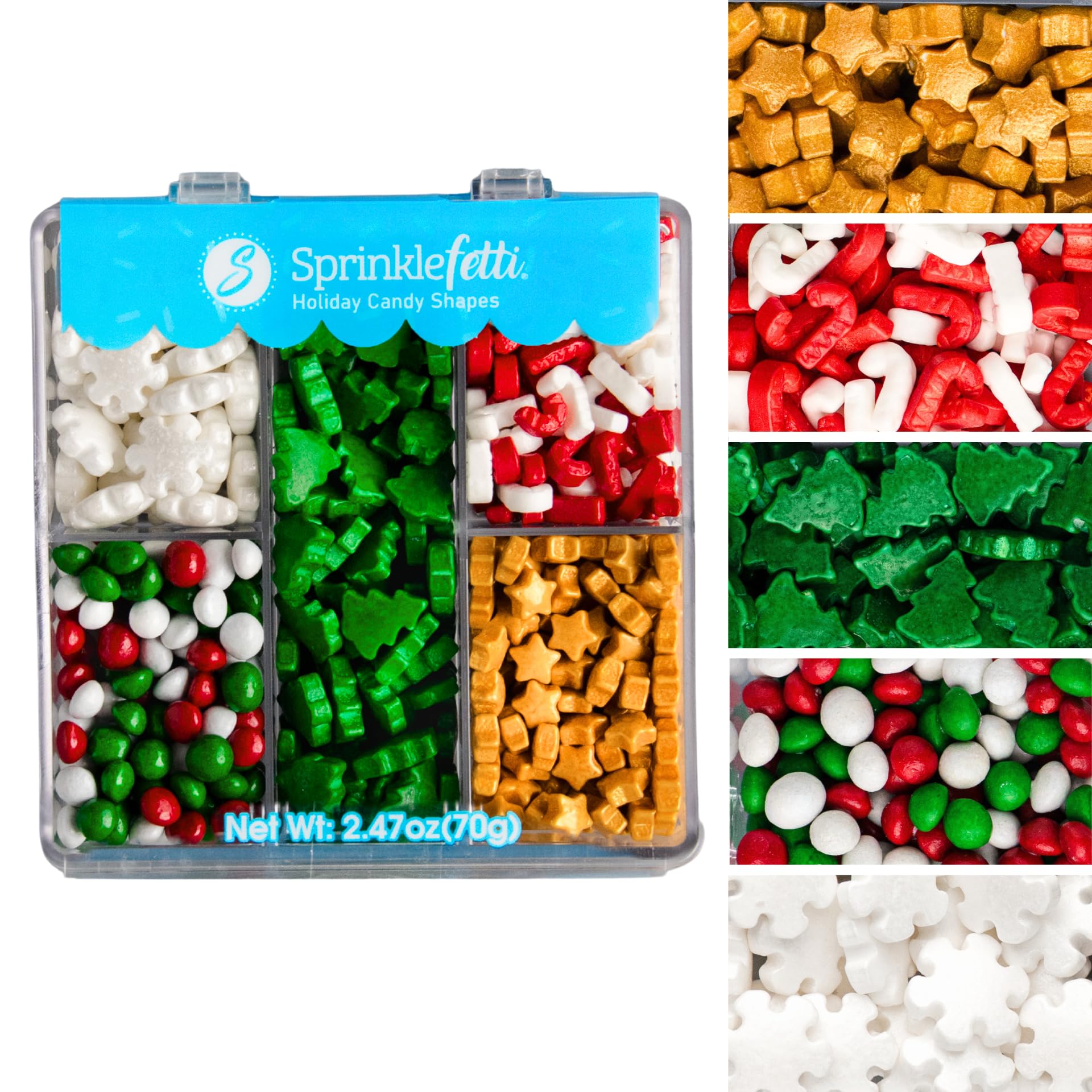 Sweets Indeed Christmas Sprinkle Tackle Box - 2.53 Oz | Festive Holiday Sprinkles With Gold Stars  Green Trees  Candy Canes  White Snowflakes & Red-Green Chocolates | Holiday Baking & Cookie Decorating Kit