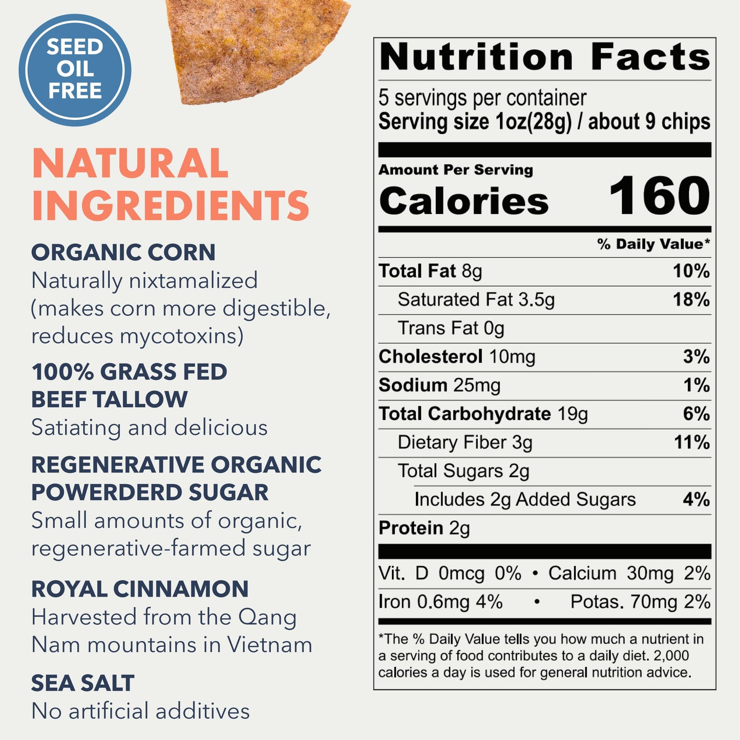 Masa Tortilla Chips - Churro Chips - No Seed Oil Snacks - Corn Tortillachips - Made With Grass Fed Beef Tallow, Powdered Sugar,