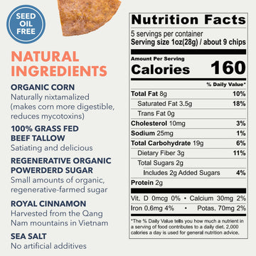 Masa Tortilla Chips - Churro Chips - No Seed Oil Snacks - Corn Tortillachips - Made With Grass Fed Beef Tallow, Powdered Sugar,