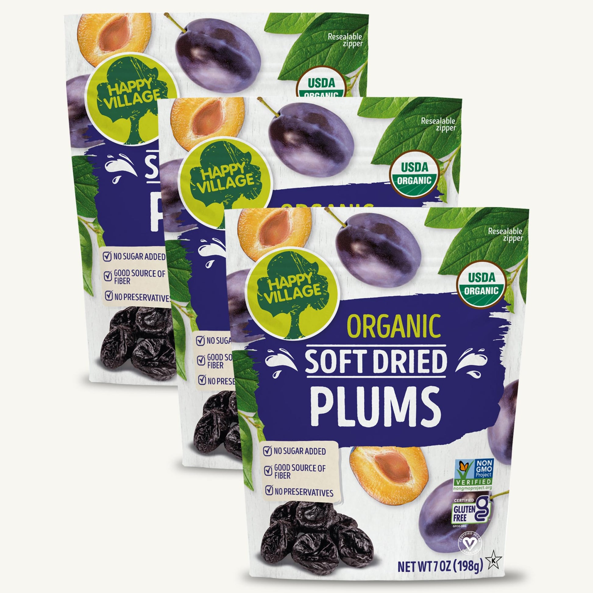 Happy Village Organic Soft Dried Plums 21 OZ (3 Packs of 7 OZ) - Soft & Juicy Prunes with No Refined Sugar  Organic  Non-GMO  Kosher  Gluten-Free