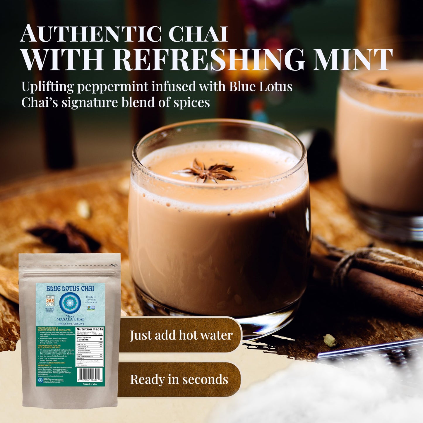 Blue Lotus Chai - Mint Masala Chai - Makes 265 Cups - Just Add Hot Water, No Steeping, No Gluten - 8 Ounce Masala Chai Powder wi