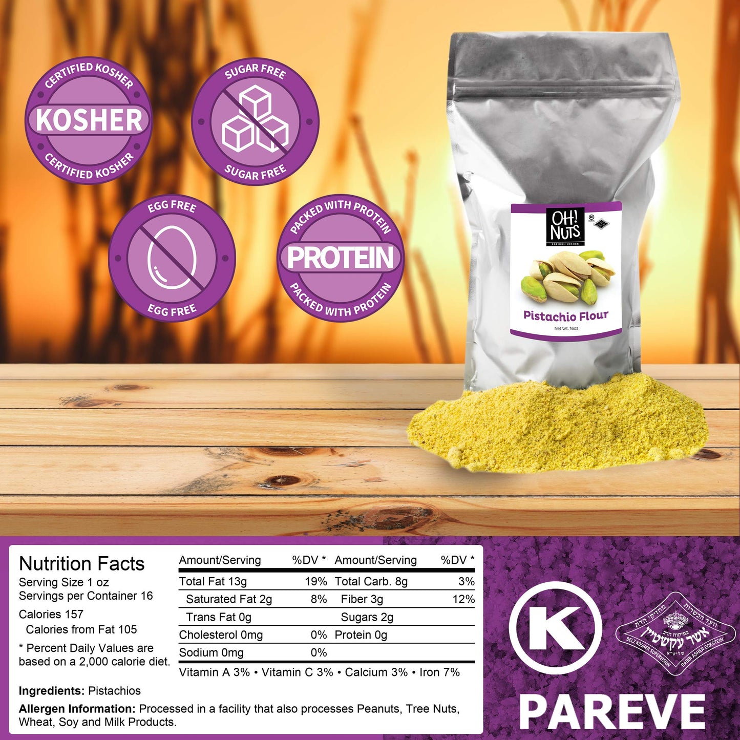 Oh! Nuts Pistachio Flour | Protein-Packed, Low Sugar | 1 LB Resealable Bulk Bag | Certified Kosher, Dairy & Egg Free
