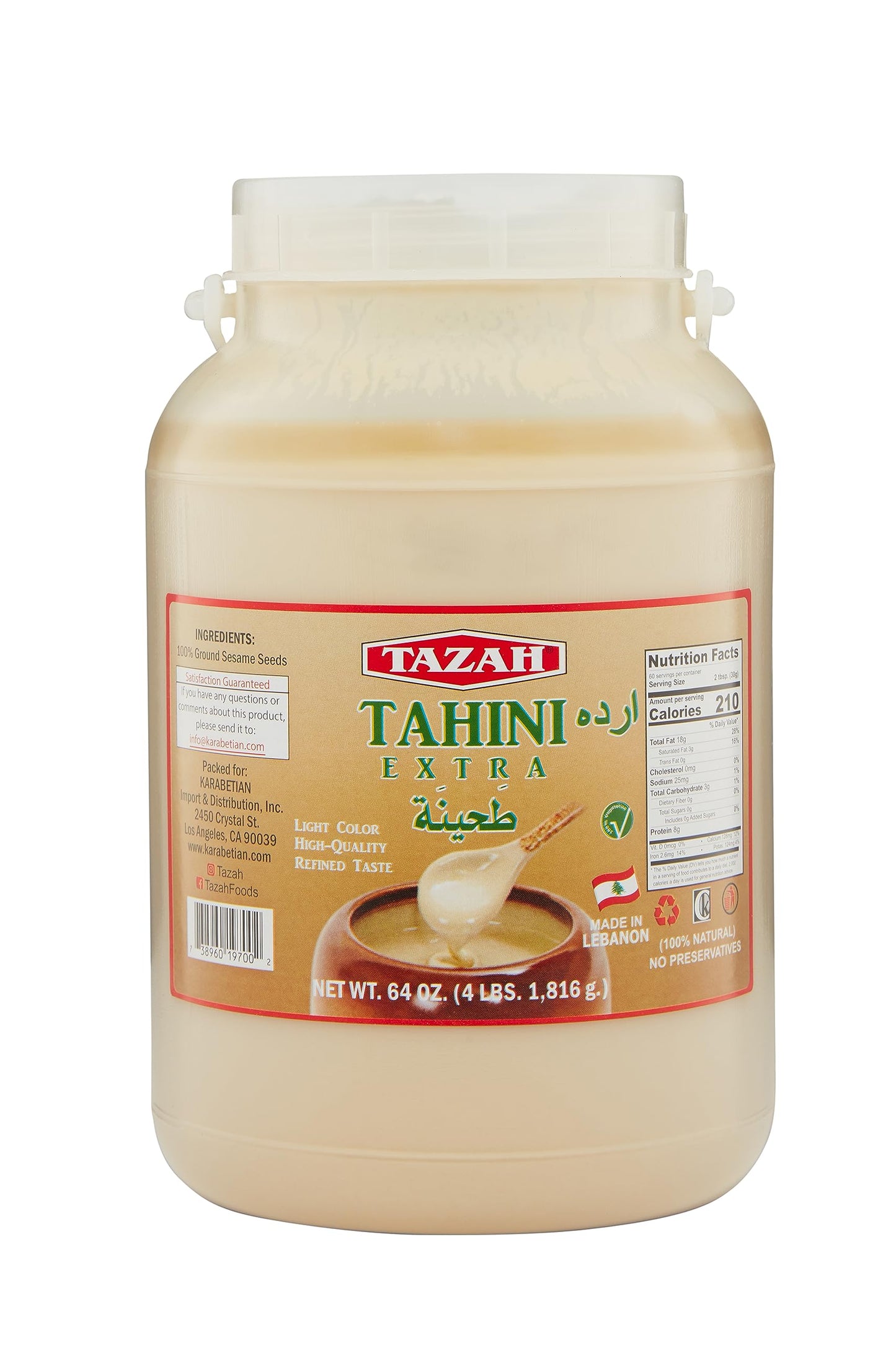 TAZAH Tahini Paste for Hummus Baba Ganoush 64oz - 4lbs Natural Stone Ground Lebanese Sesame Paste Vegan Cholesterol-Free No Pres