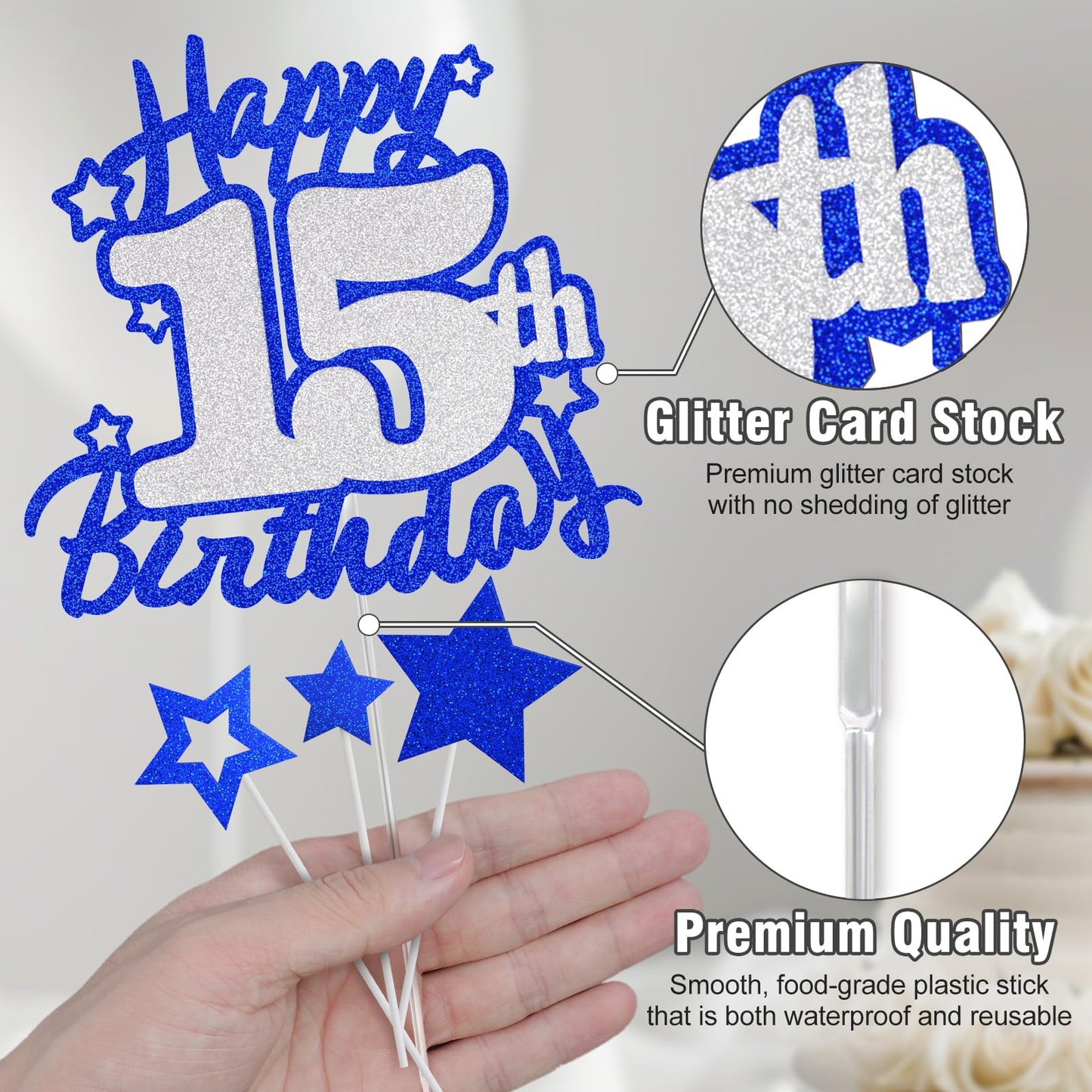 Happy 15Th Birthday Cake Topper, Blue And Silver Glitter Cake Toppers, Quinceanera Decorations, 15 Year Birthday Party Cake Deco