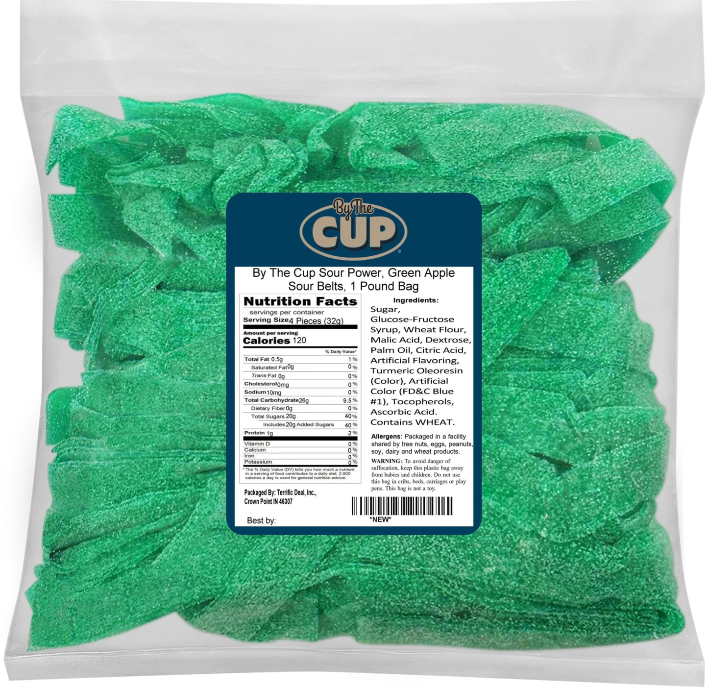 By The Cup Sour Power Green Apple Sour Belts, 1 lb Bulk Bag