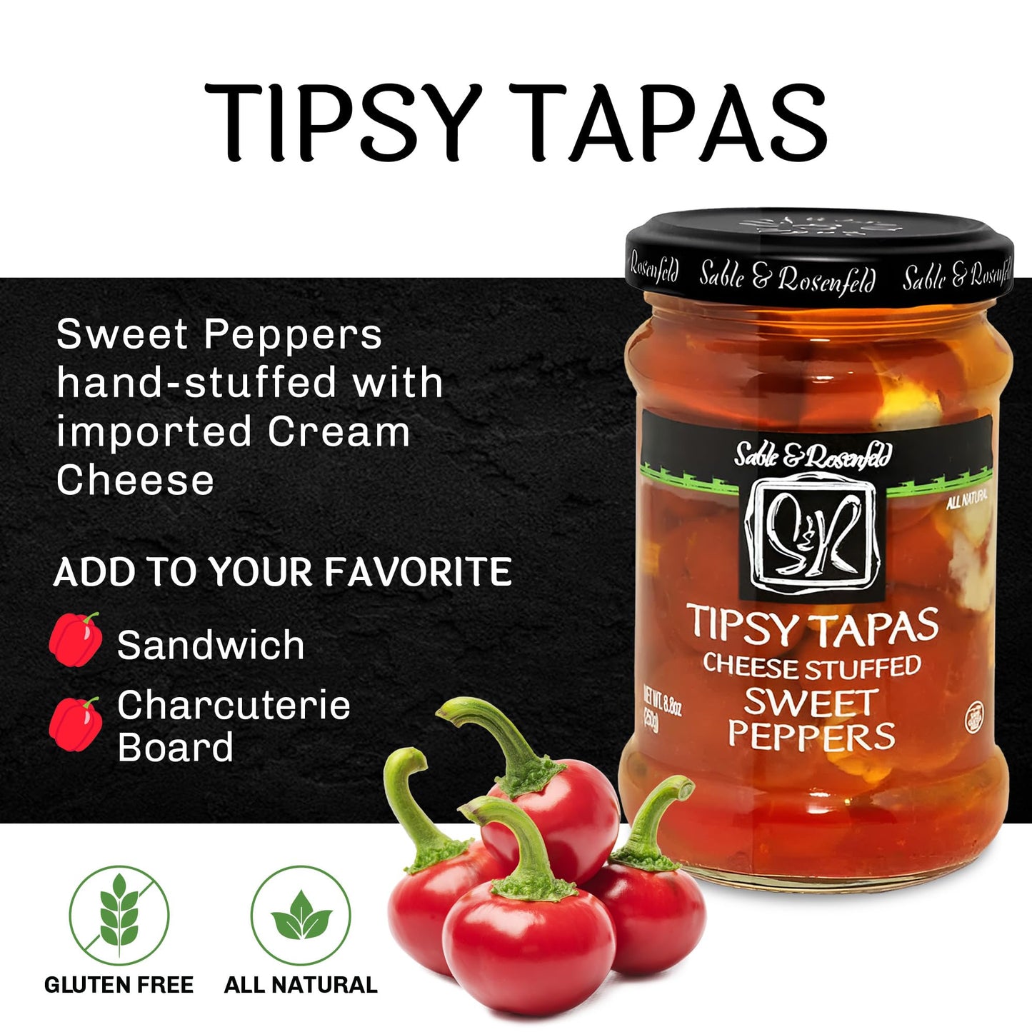Sable & Rosenfeld Tipsy Tapas Cheese Stuffed Sweet Peppers - Gluten-Free Sweet Peppers Stuffed with Cream Cheese for Appetizers