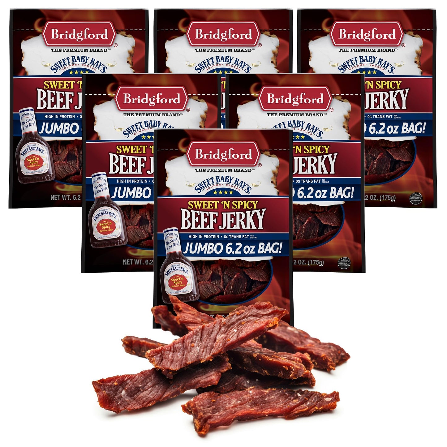 Bridgford Sweet Baby Ray’S Beef Jerky Sweet N Spicy 6.2 Oz Pack Of 6 - High Protein Sweetened Spicy Beef Jerky For Your Dietary Preference - Ready-To-Eat Snacks For On-The-Go Snacking