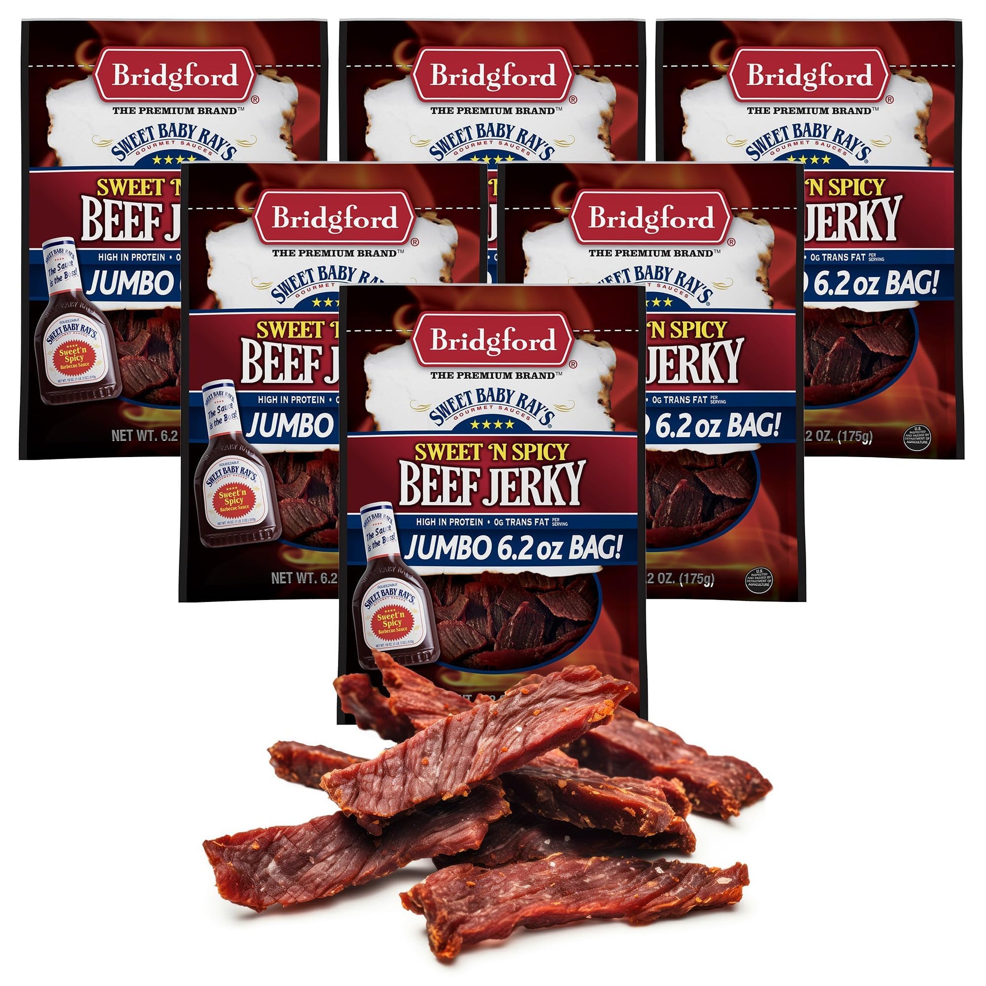 Bridgford Sweet Baby Ray’S Beef Jerky Sweet N Spicy 6.2 Oz Pack Of 6 - High Protein Sweetened Spicy Beef Jerky For Your Dietary Preference - Ready-To-Eat Snacks For On-The-Go Snacking