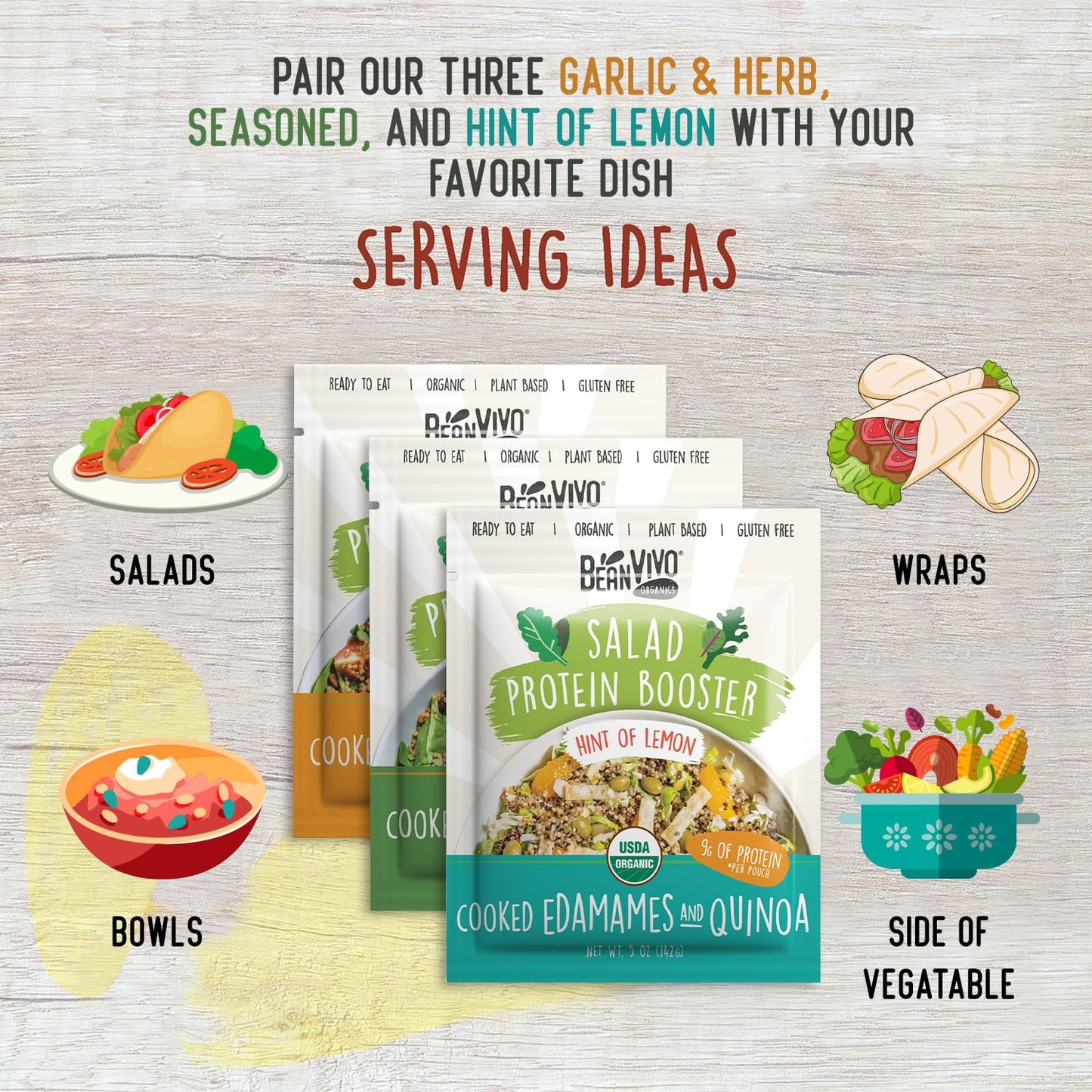 Beanvivo - Variety 3 Pack Salad Protein Boosters - Seasoned, Garlic & Herbs, Edamame - Delivering A Burst Of Taste And 10G Of Pr