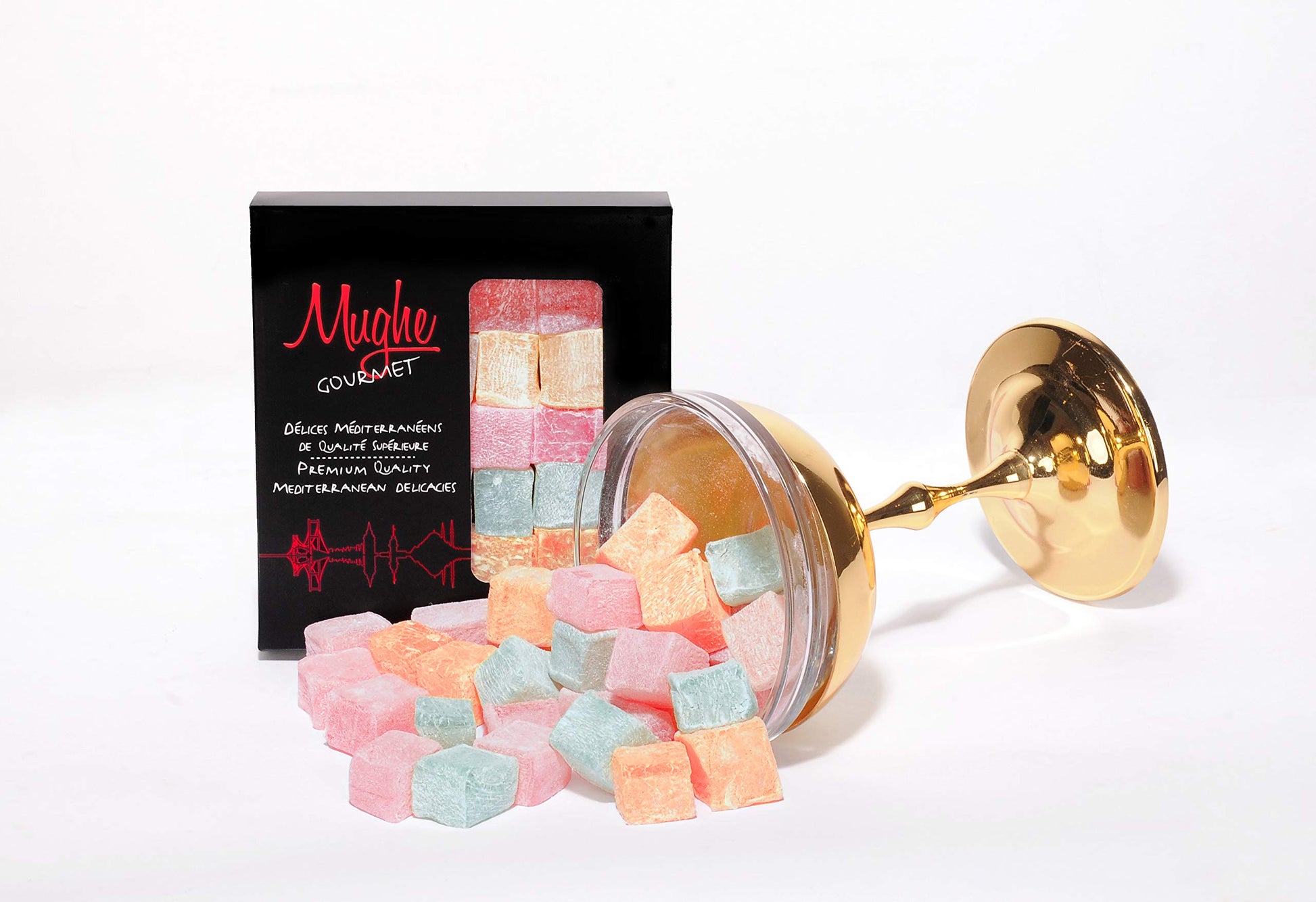 Mughe Gourmet Turkish Delight Candy Elegant Gift Box - 7Oz/200G - Halal, Vegan Lokum Fruit Flavors Rose, Strawberry, Lemon, Orange, Mint - Gifts For Special Occasions, Christmas, Halloween