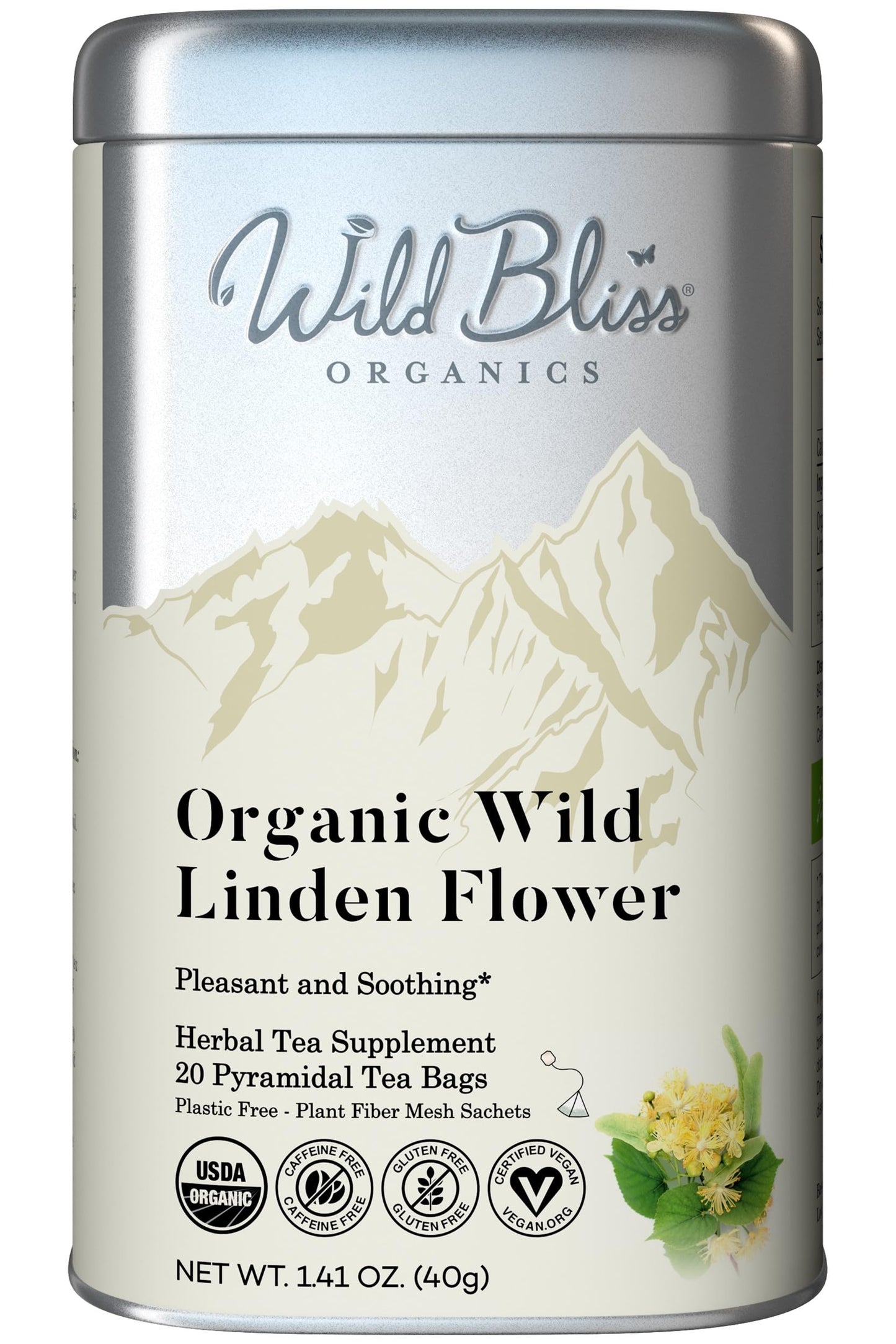 Wild Bliss Organic Linden Flower Herbal Tea - Caffeine Free Tisane - 20 Plant Based Tea Bags