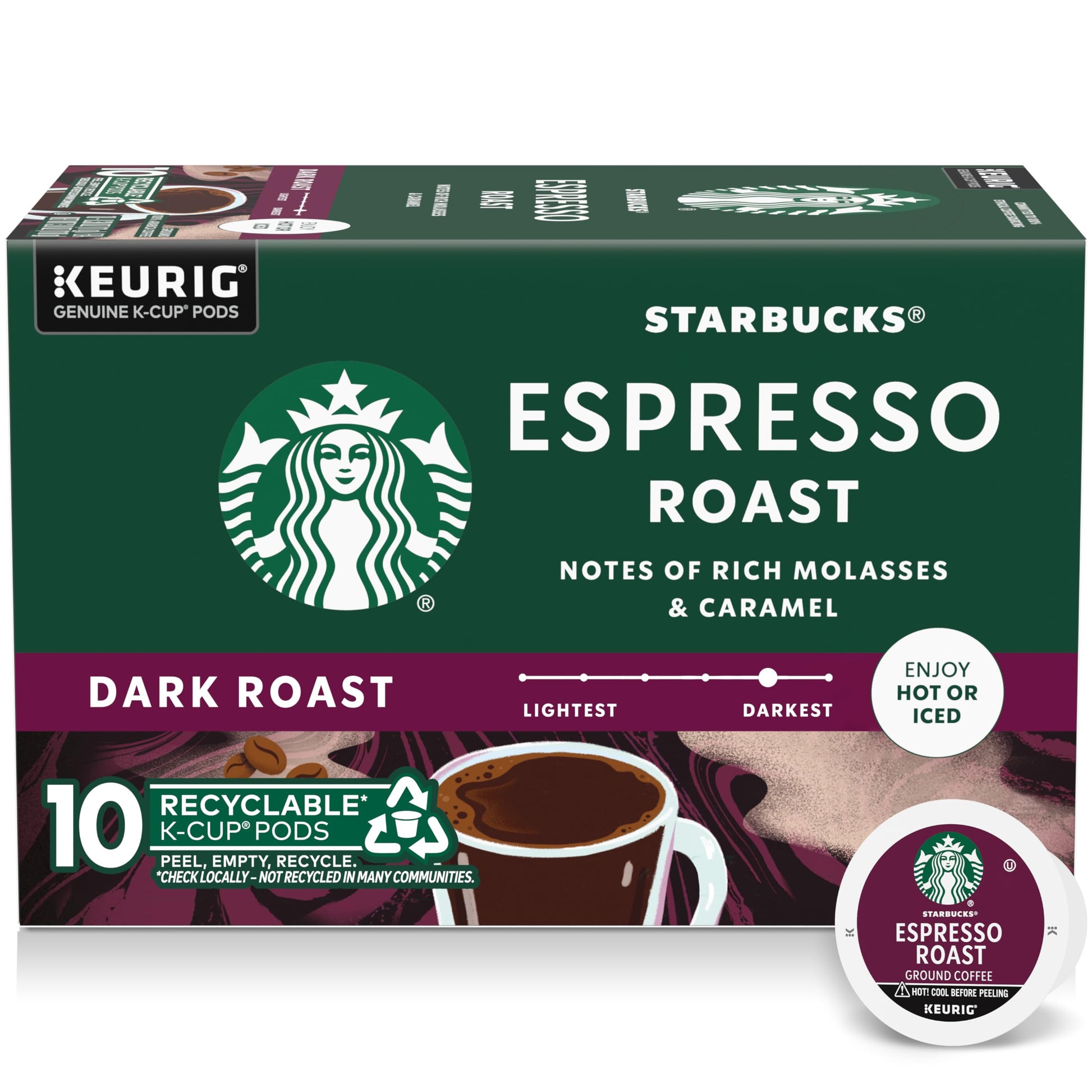 Starbucks K-Cup Coffee Pods, Dark Roast Coffee, Espresso Roast for Keurig Coffee Makers, 100% Arabica, 1 Box (10 Pods)