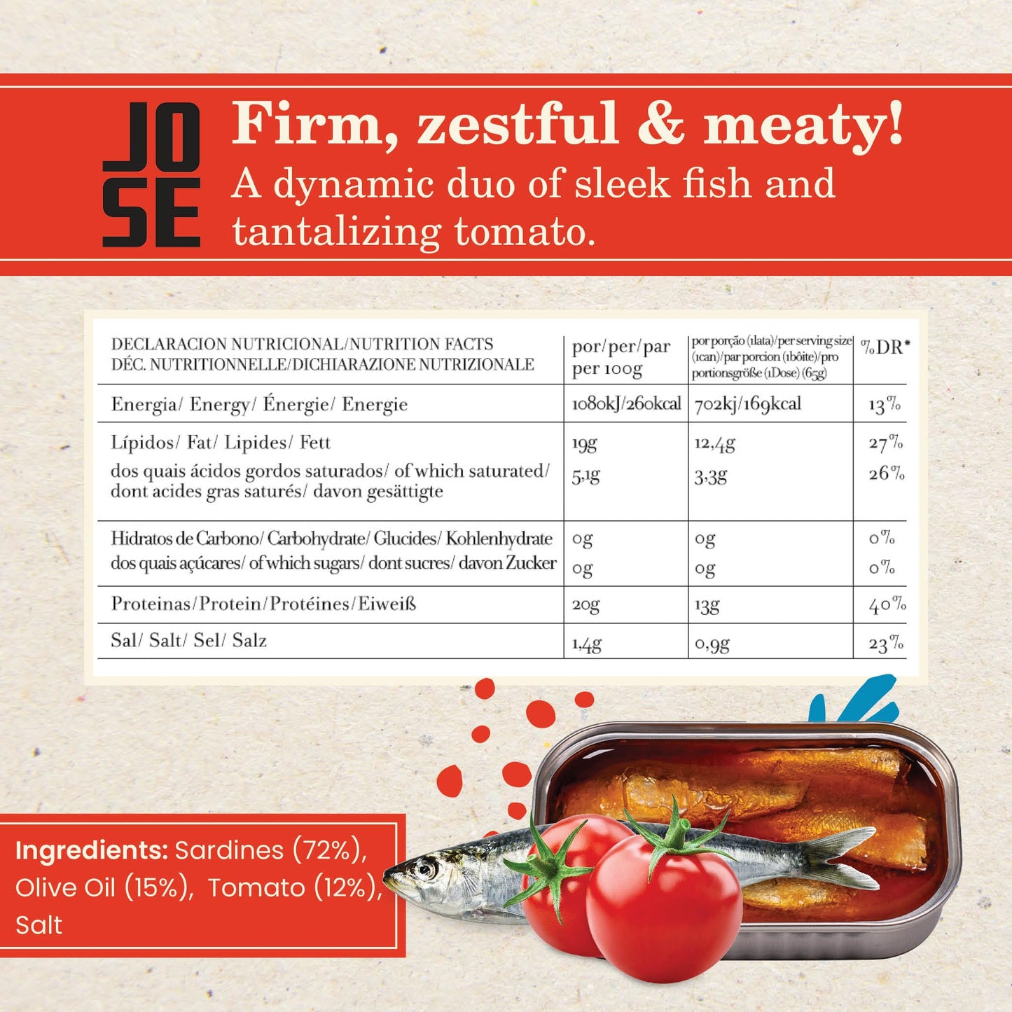 JOSE Gourmet Canned Sardines in Tomato Sauce, Wild Caught, High Protein, Pack of 8, 90g Can