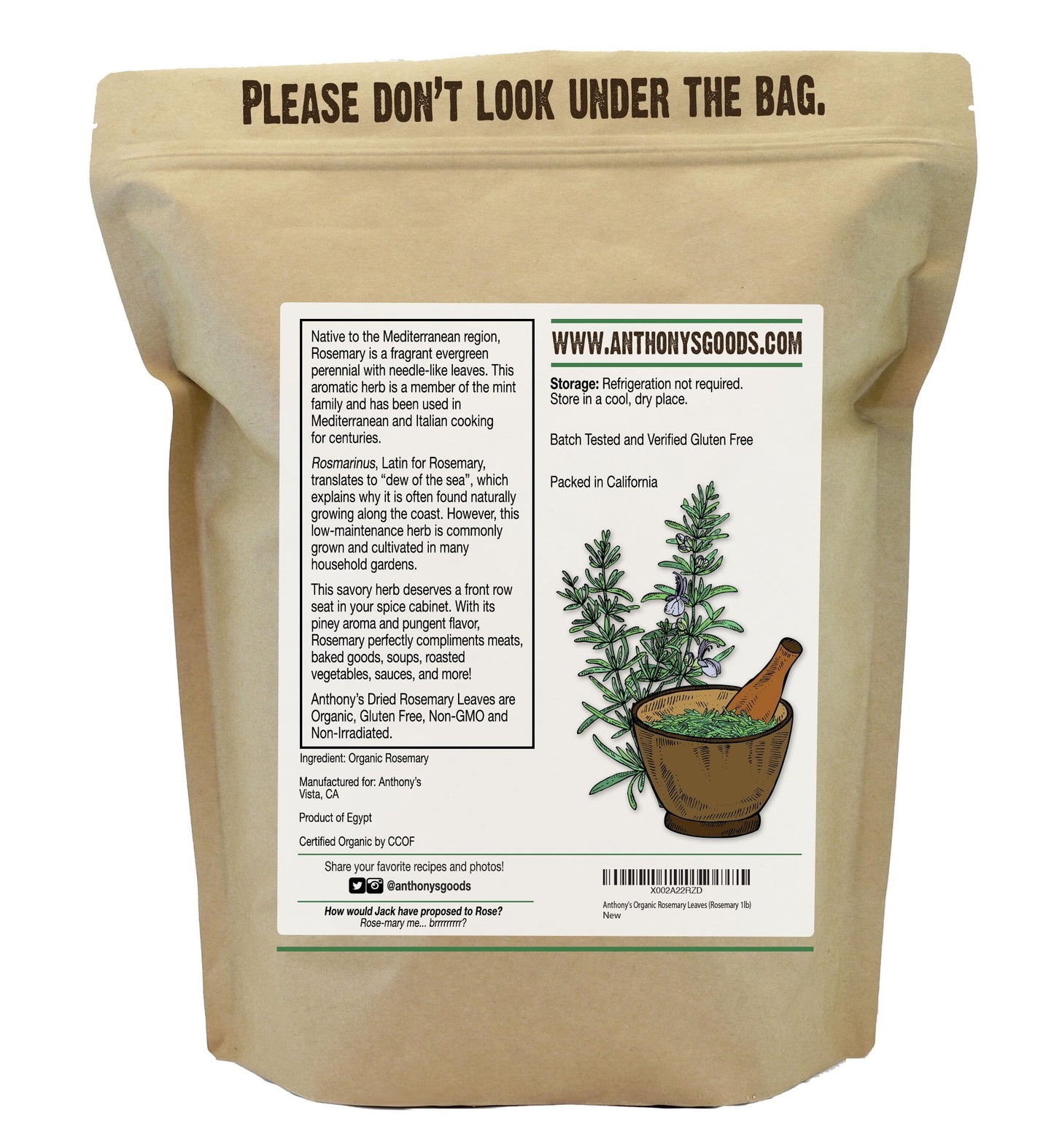 Anthony's Organic Dried Rosemary Leaves, 1 lb, Whole Leaf, Destemmed, Non GMO, Non Irradiated, Gluten Free